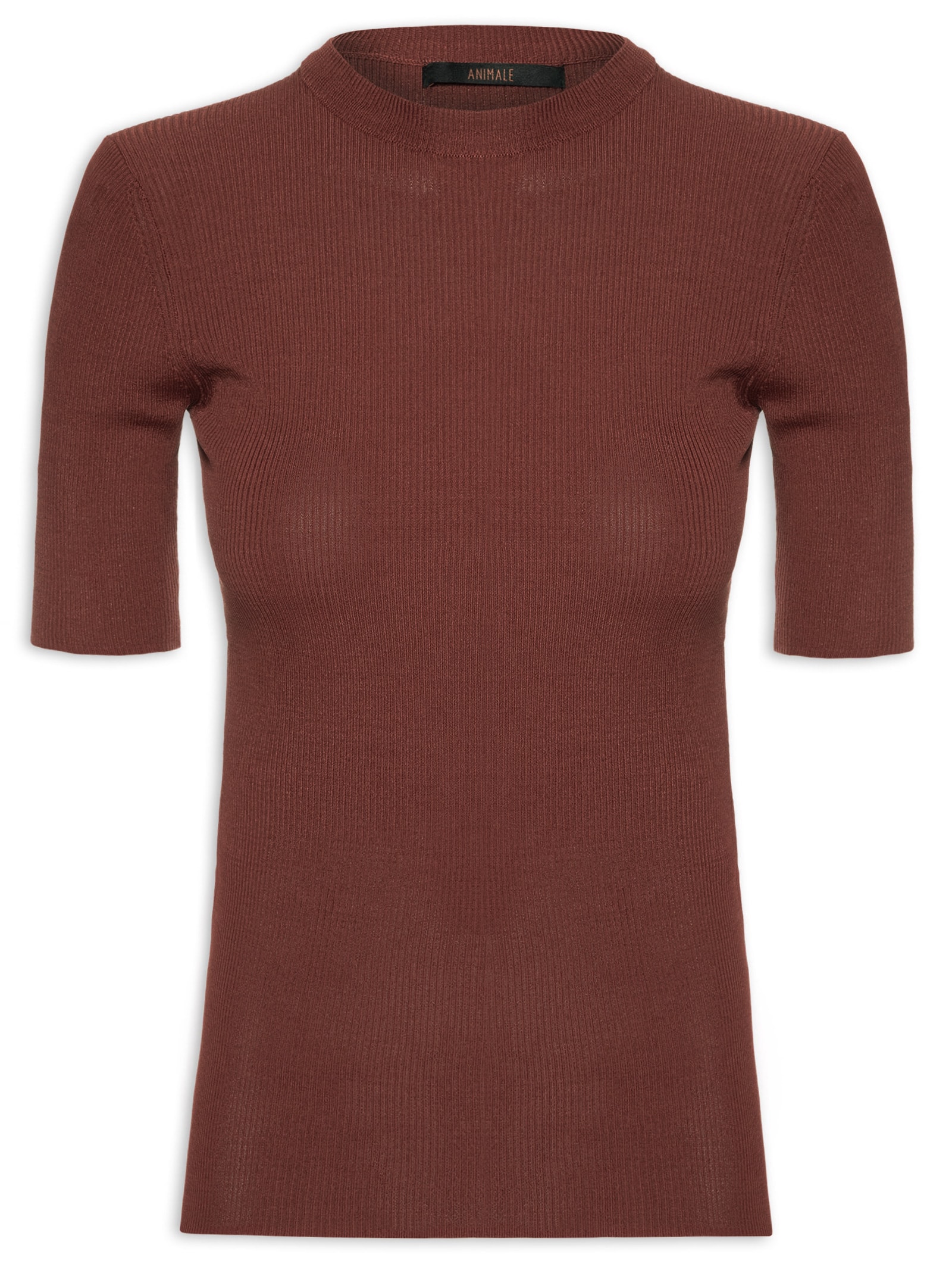 Camiseta Feminina De Tricot Canelado Básica Marrom Animale