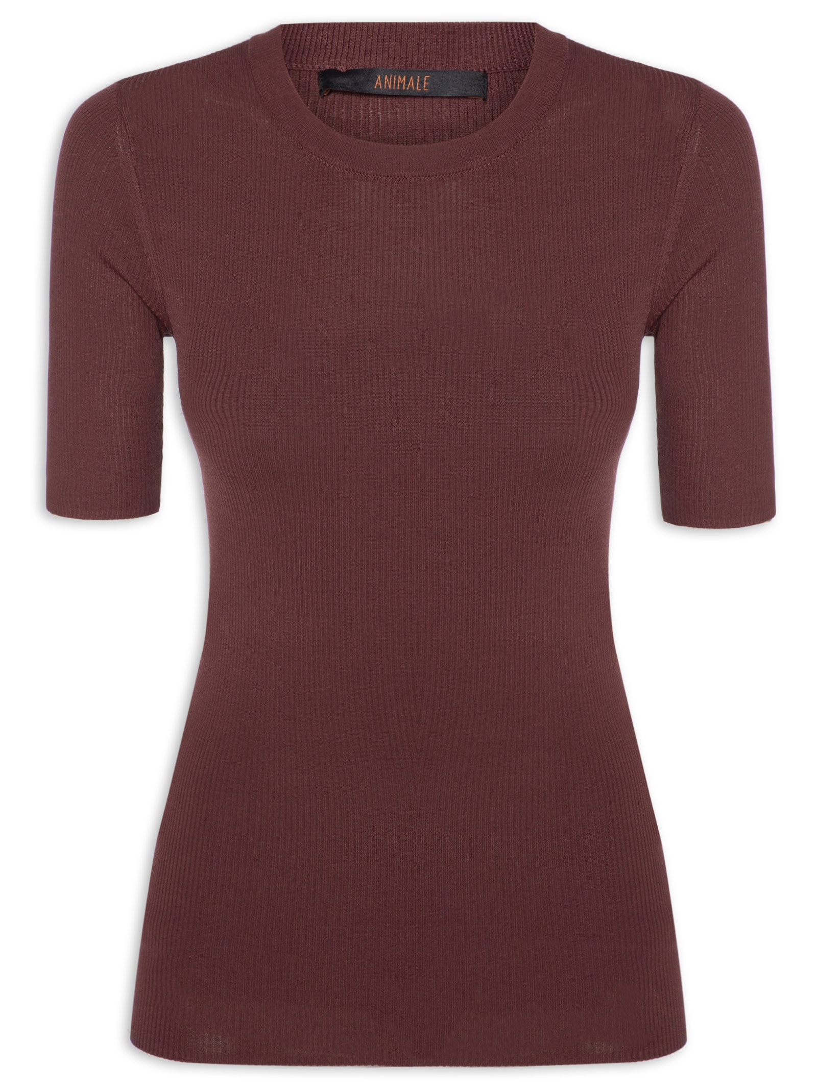 Camiseta Feminina De Tricot Canelado Básica Marrom Animale