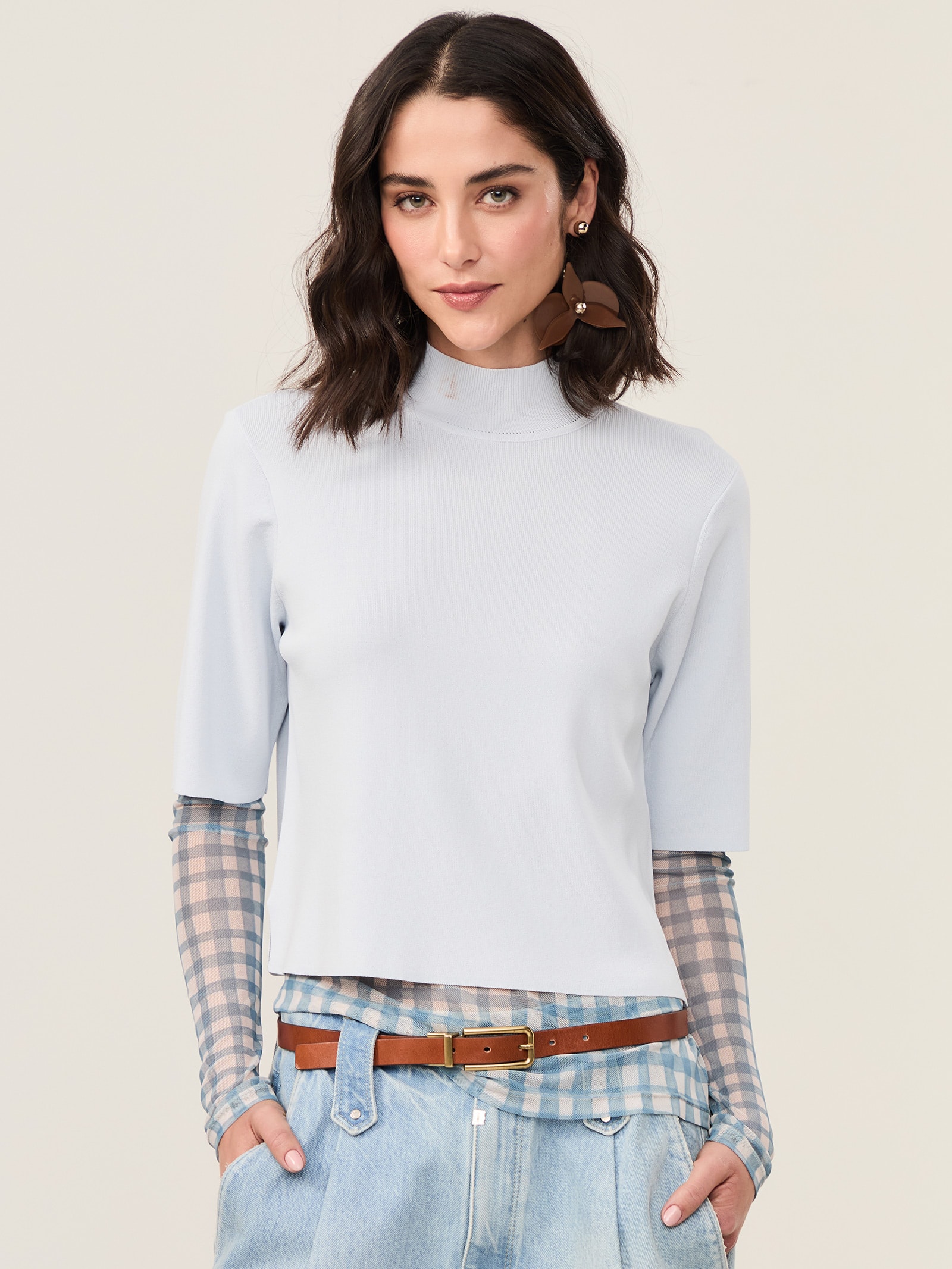 Camiseta Feminina De Tricot Gola Alta Básica Azul Animale