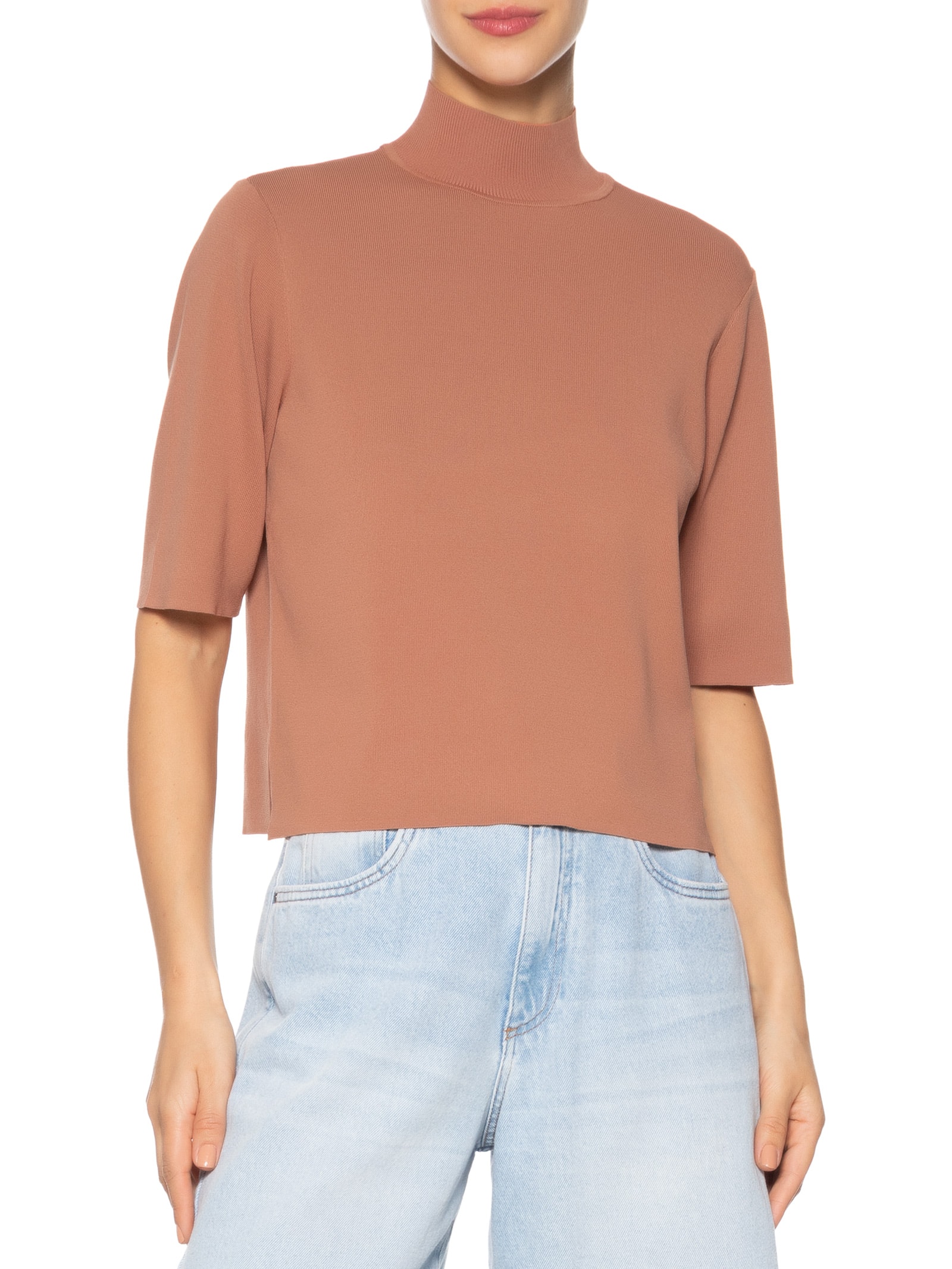 Camiseta Feminina De Tricot Gola Alta Básica  Rosa Animale