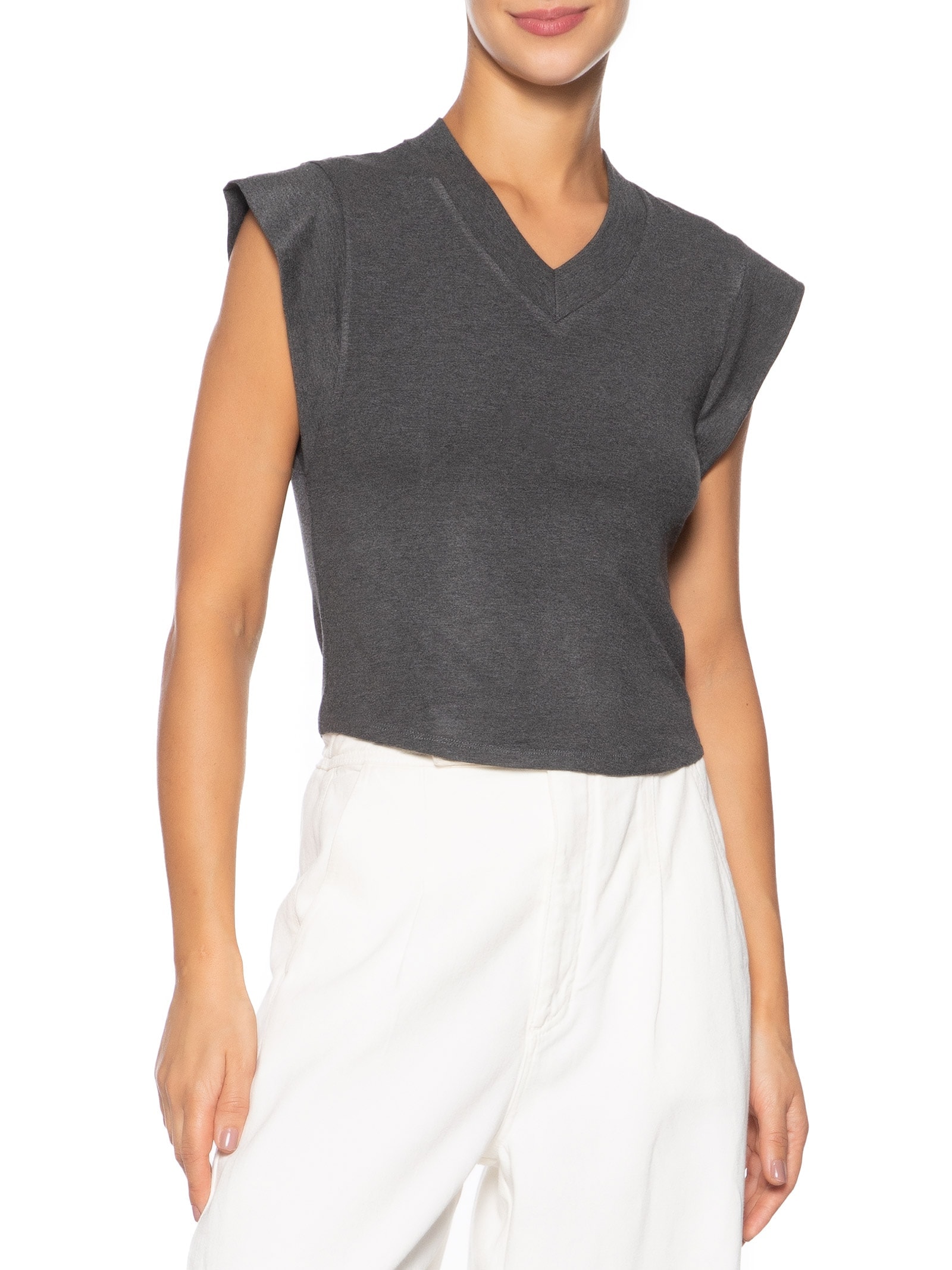 Camiseta Feminina Decote Em V Cinza Basiq