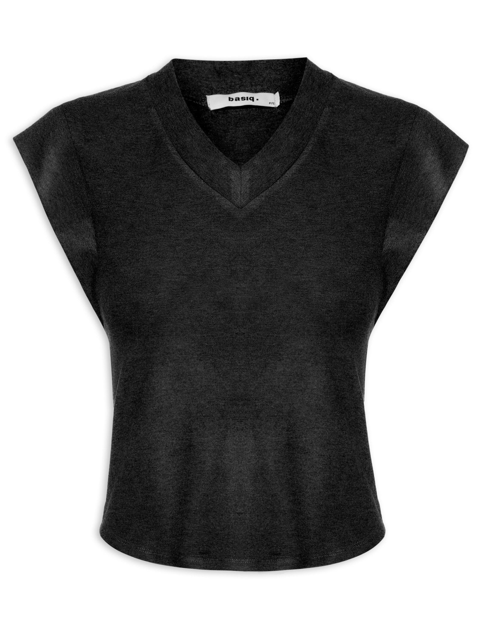 Camiseta Feminina Decote Em V Preto Basiq