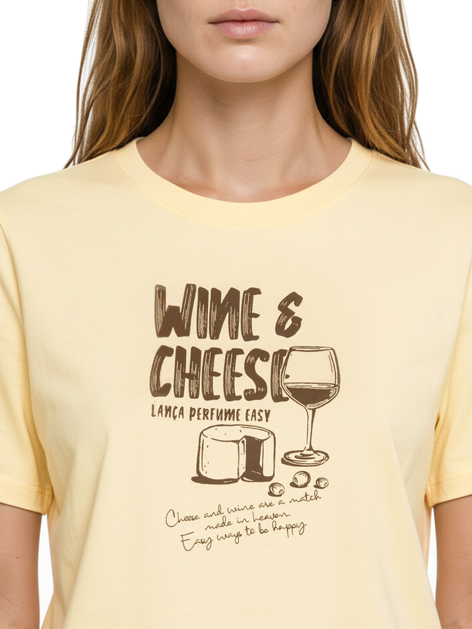 Camiseta Feminina Decote Redondo Bege Lança Perfume