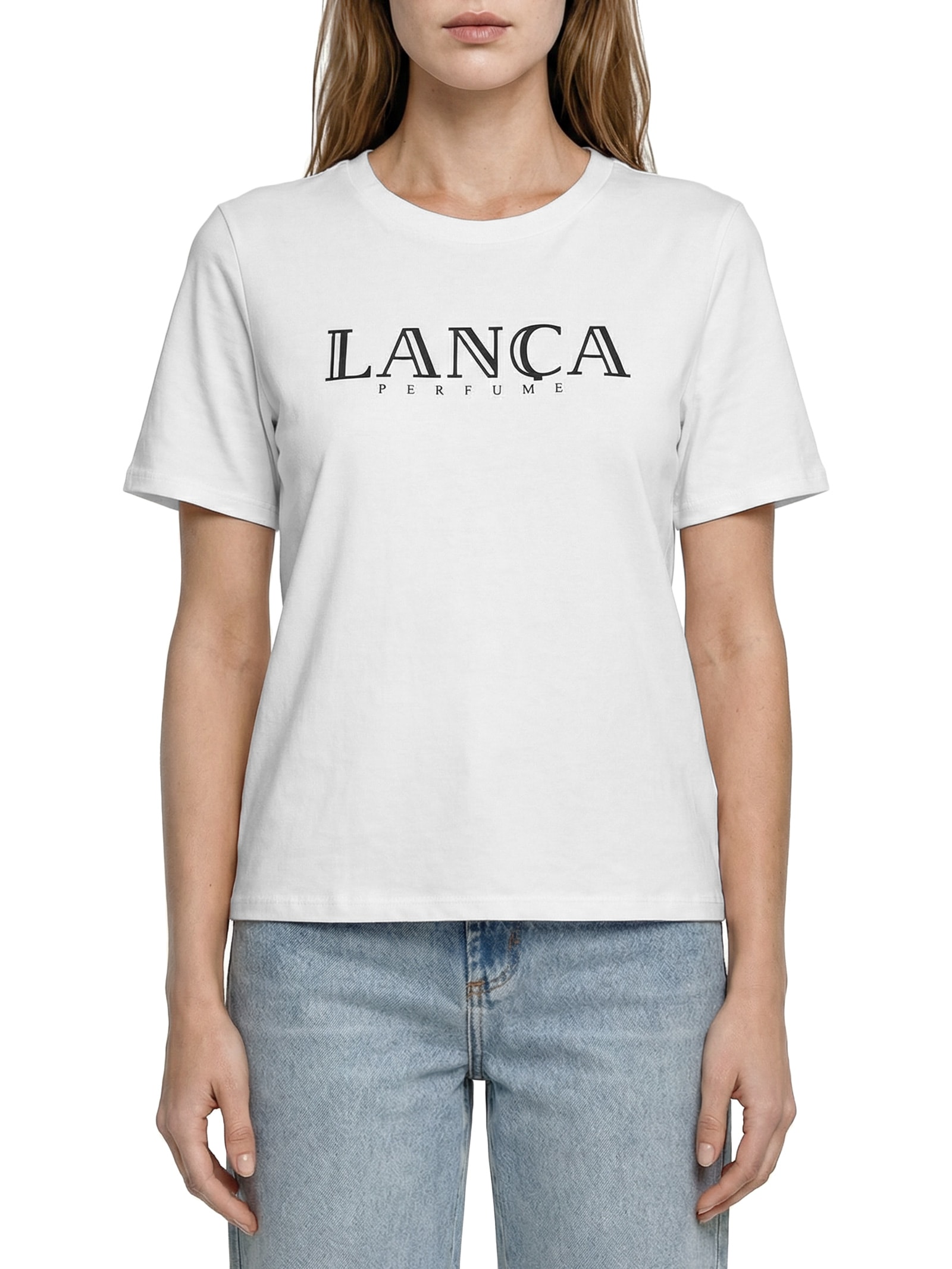 Camiseta Feminina Decote Redondo Branco Lança Perfume