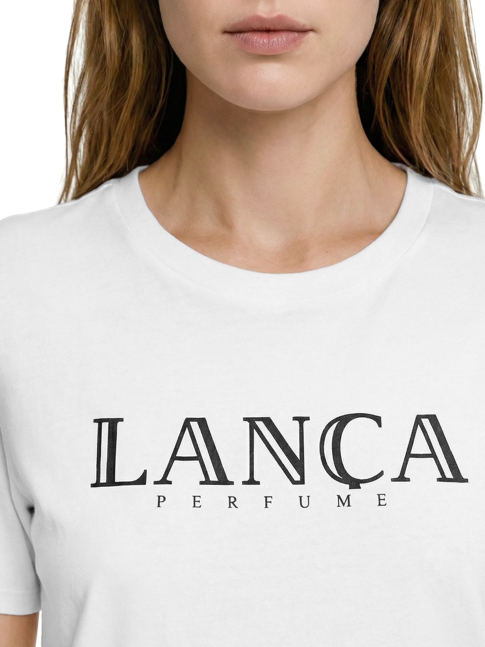 Camiseta Feminina Decote Redondo Branco Lança Perfume