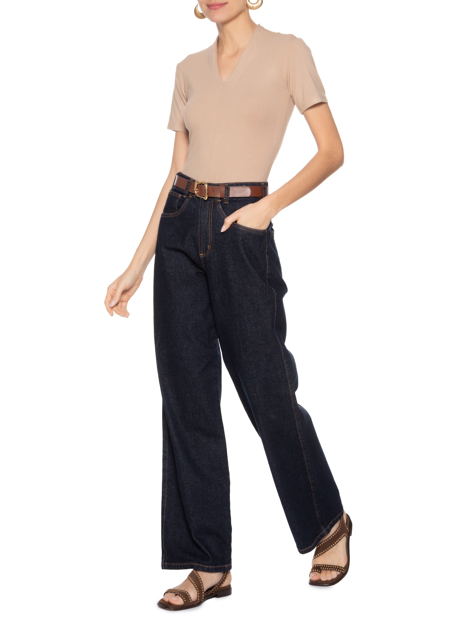 Camiseta Feminina Decote V Bege Basiq