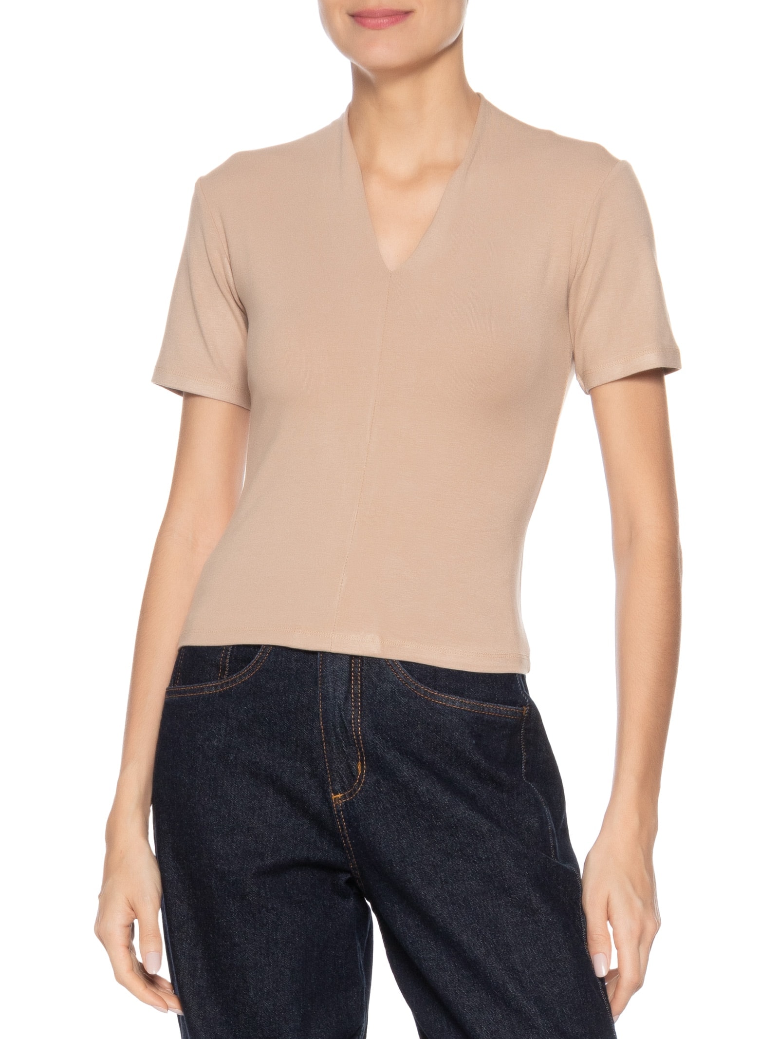 Camiseta Feminina Decote V Bege Basiq