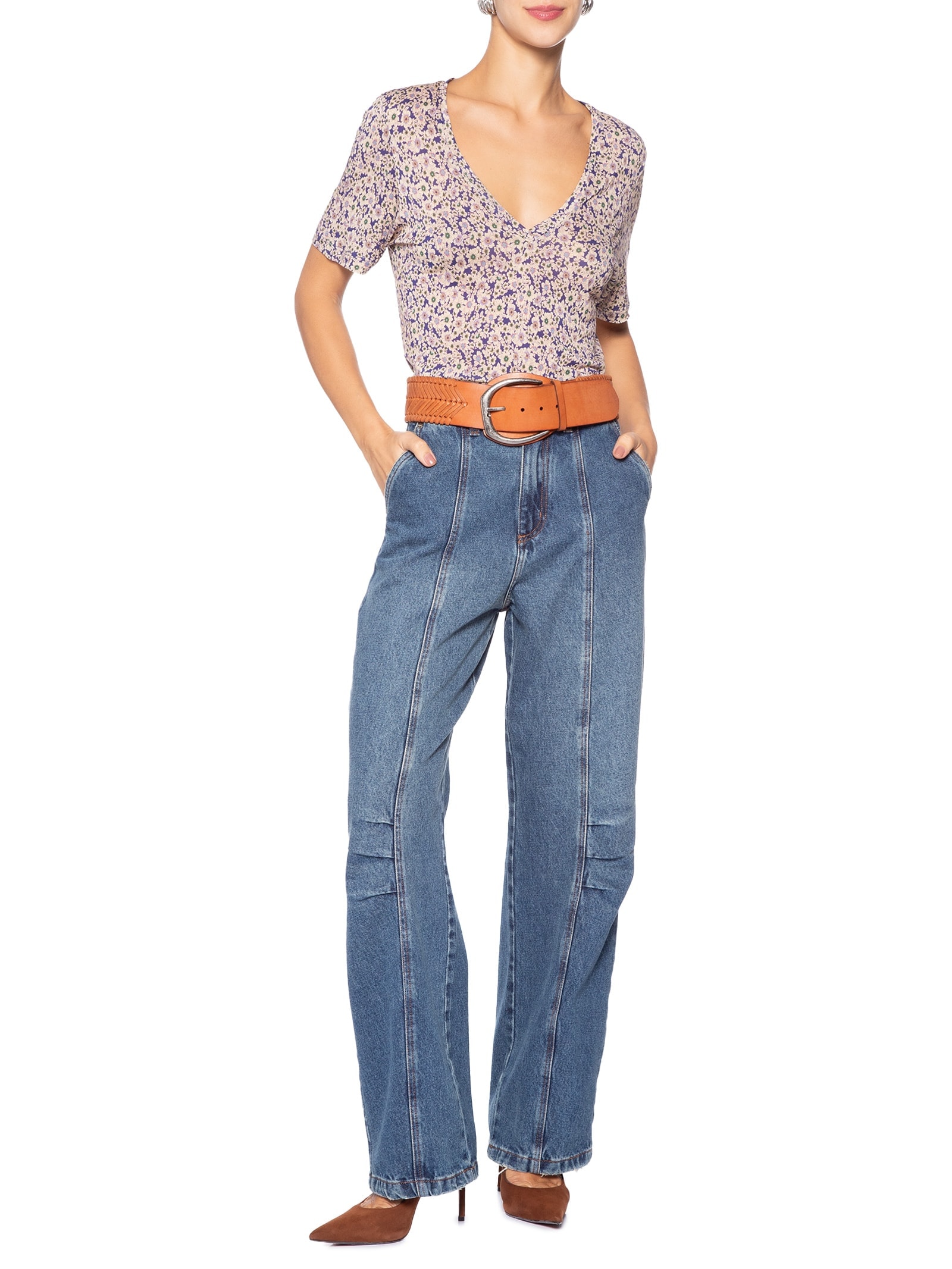 Camiseta Feminina Decote V Manga Curta Azul Animale