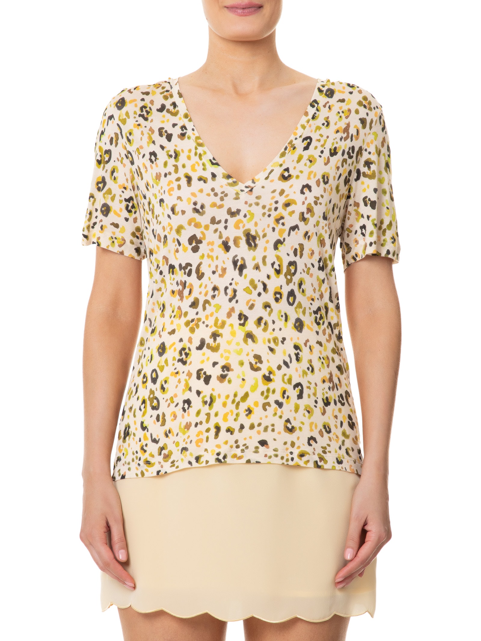 Camiseta Feminina Decote V Manga Curta Estampa Onça Amarelo Animale