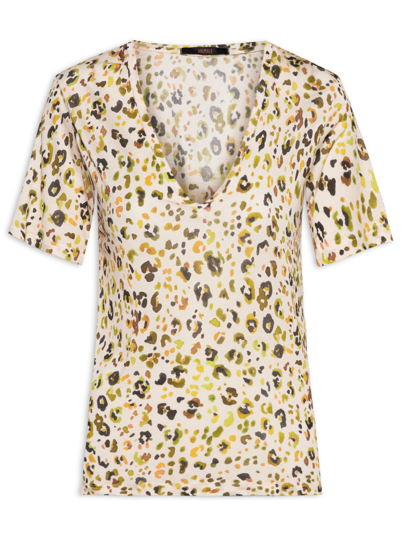 Camiseta Feminina Decote V Manga Curta Estampa Onça Amarelo Animale