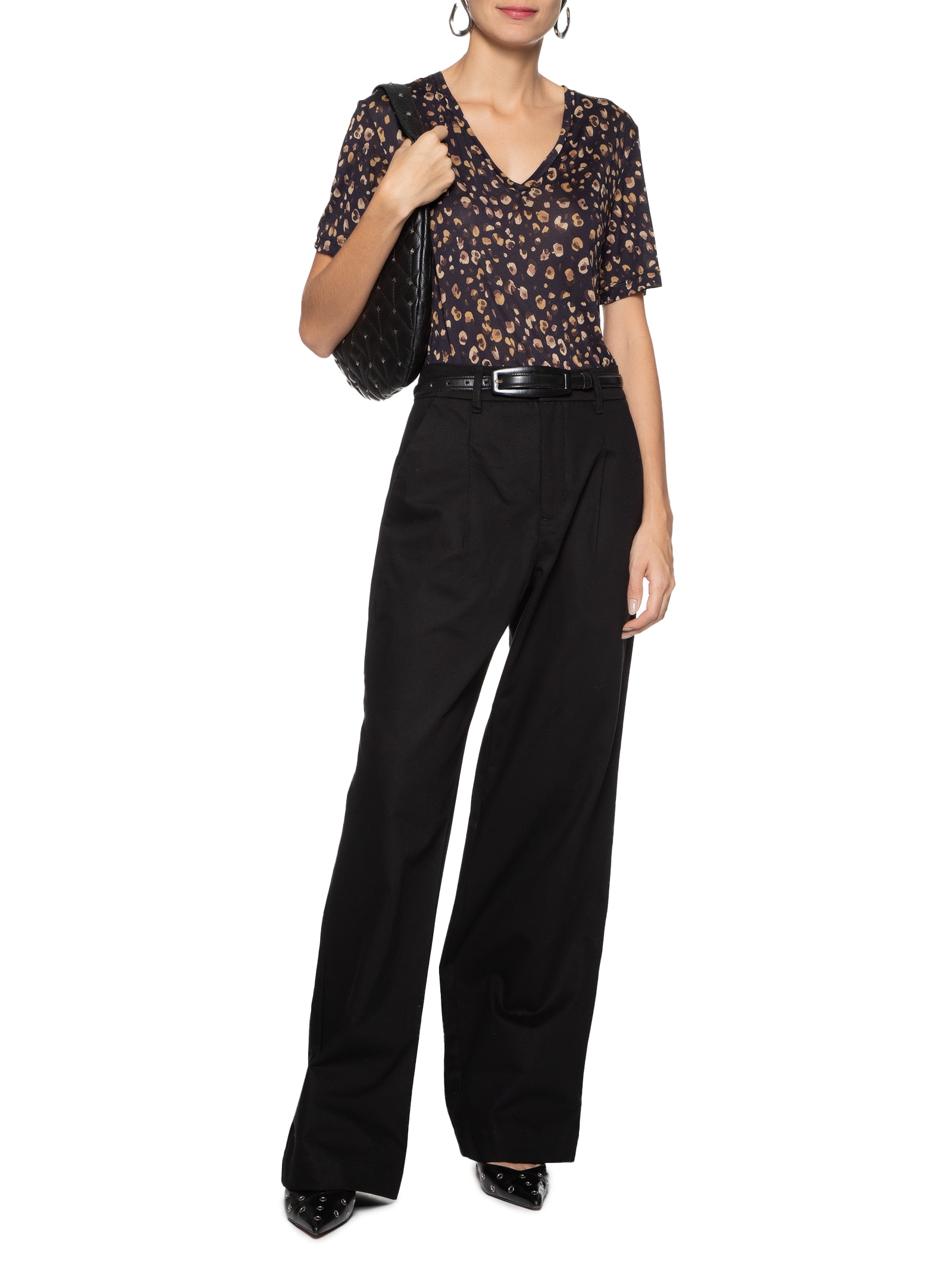 Camiseta Feminina Decote V Manga Curta Estampa Onça Guache Preto Animale