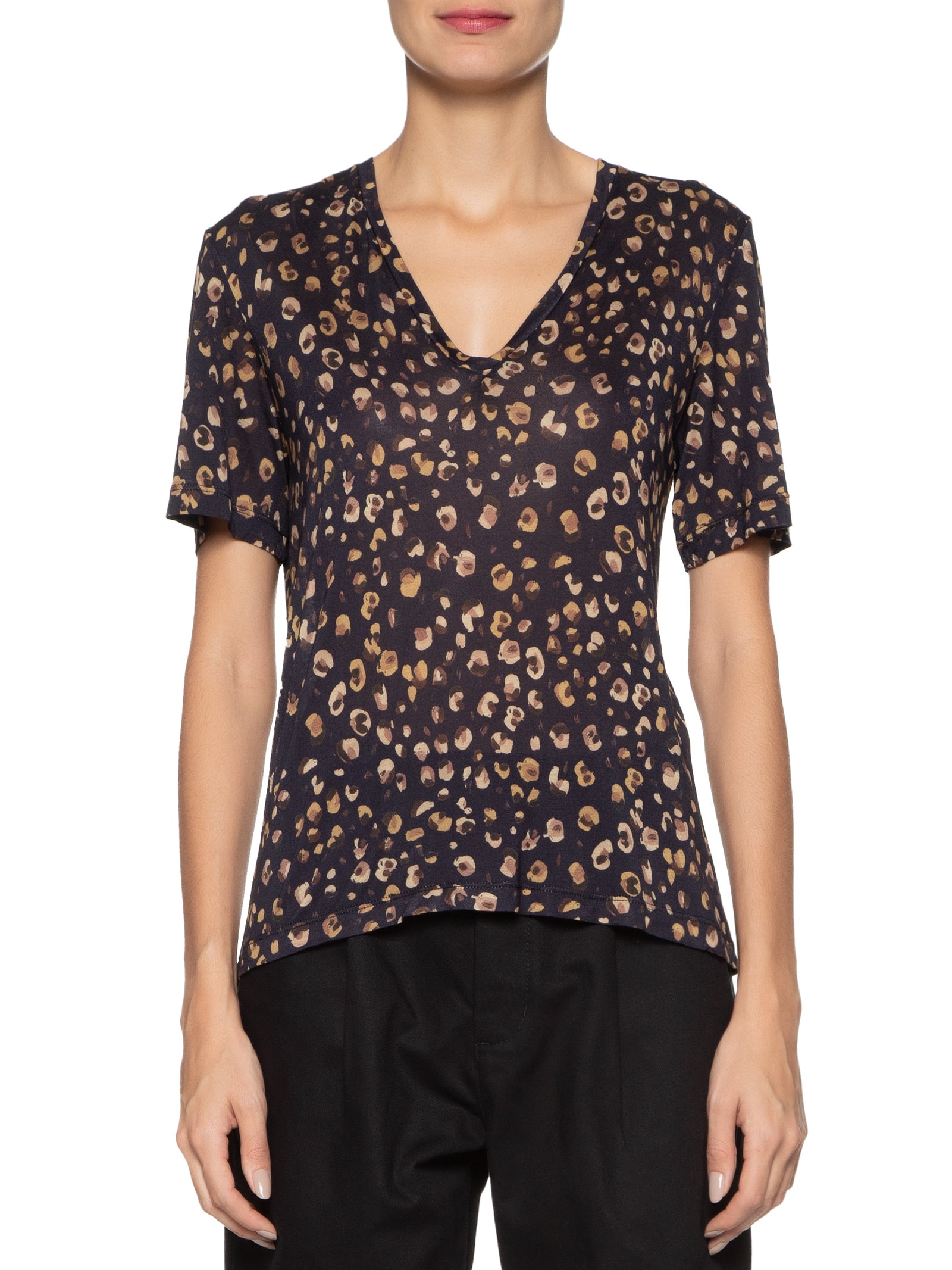 Camiseta Feminina Decote V Manga Curta Estampa Onça Guache Preto Animale