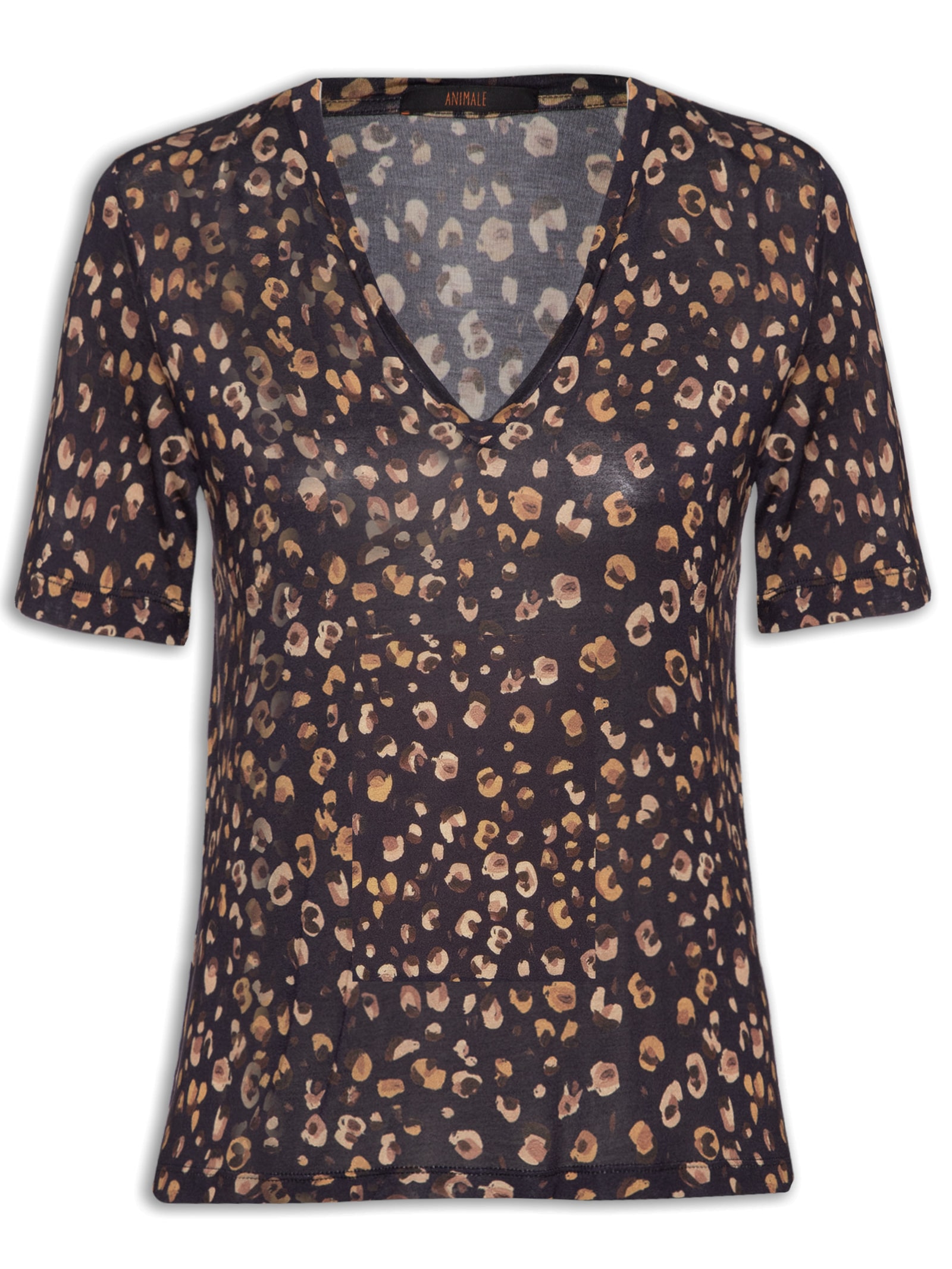 Camiseta Feminina Decote V Manga Curta Estampa Onça Guache Preto Animale