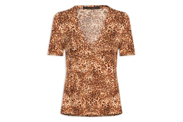Camiseta Feminina Decote V Manga Curta Onça - Animal Print