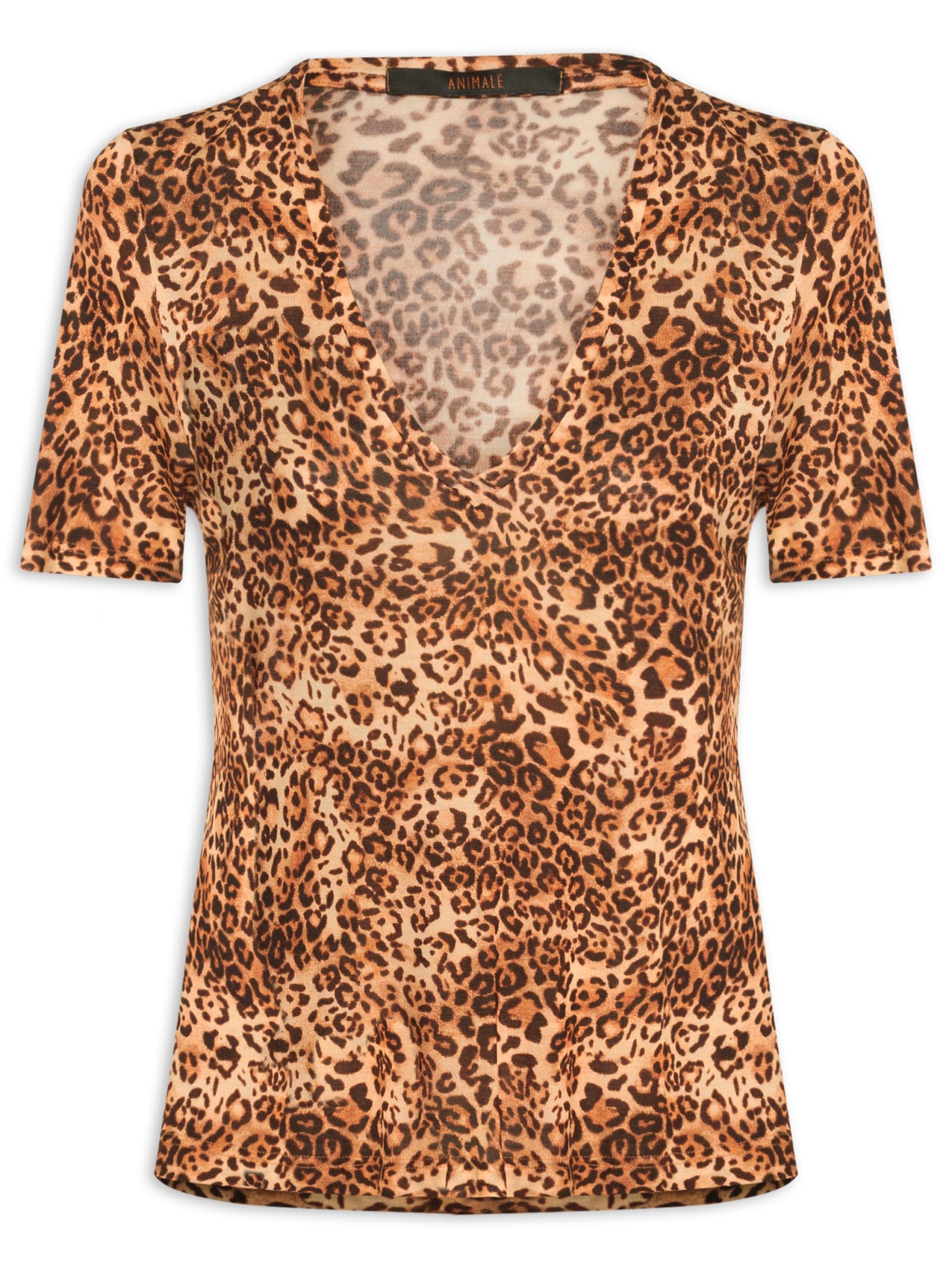 Camiseta Feminina Decote V Manga Curta Onça Animal Print Animale