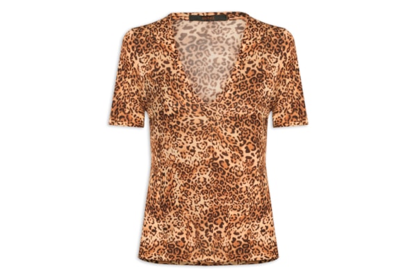 Camiseta Feminina Decote V Manga Curta Onça - Animal Print
