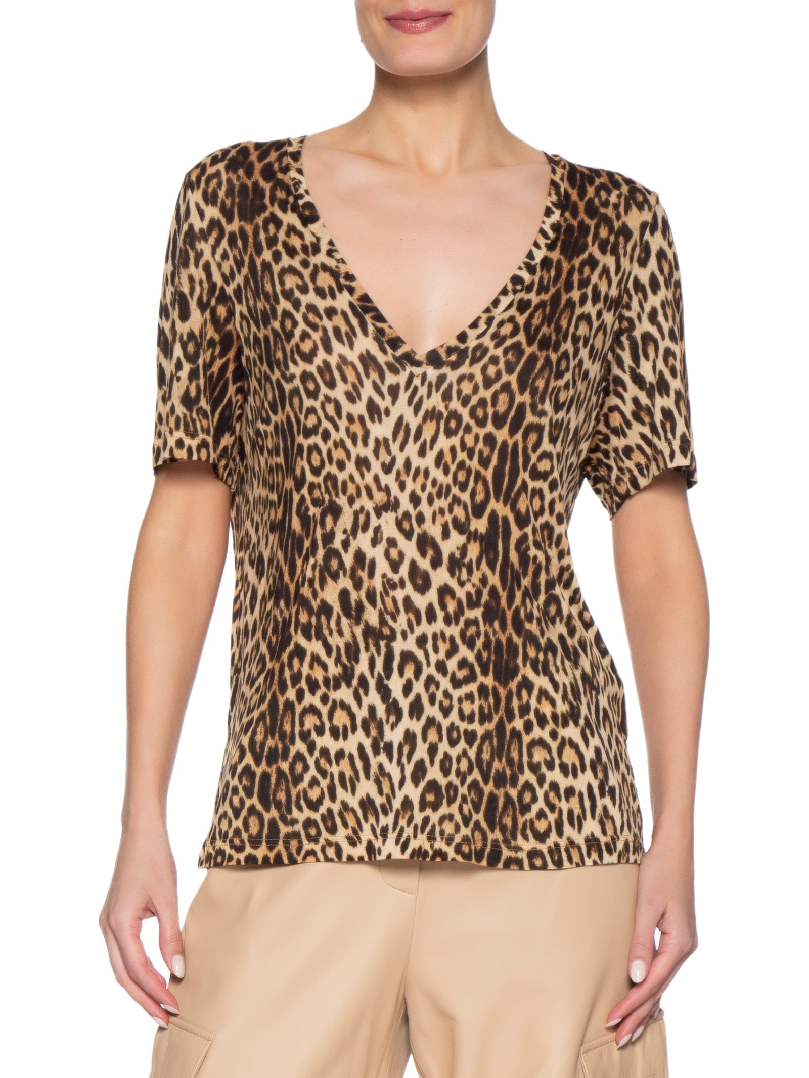 Camiseta Feminina Decote V Manga Curta Onça Marrom Animale