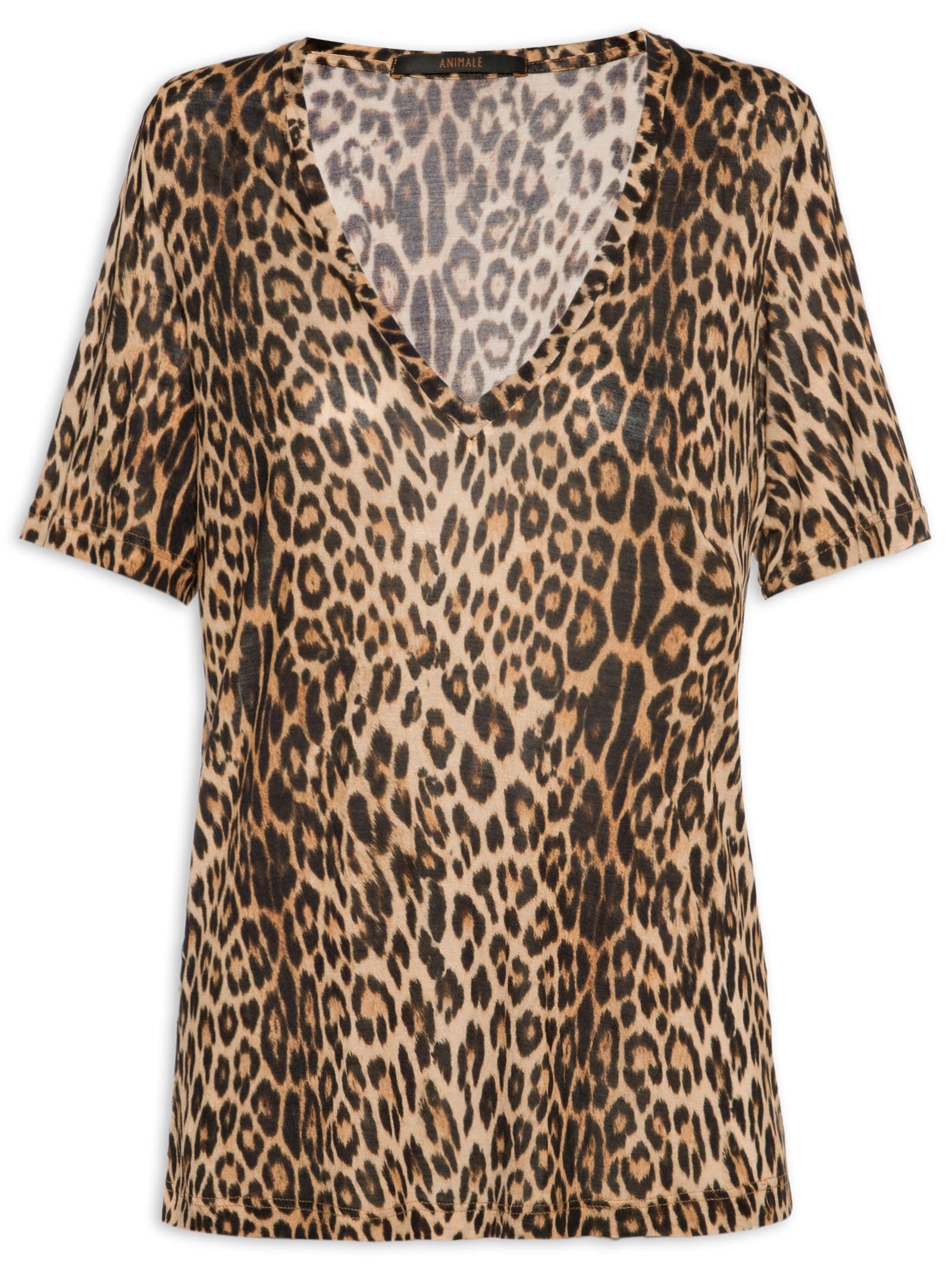Camiseta Feminina Decote V Manga Curta Onça – Marrom Animale