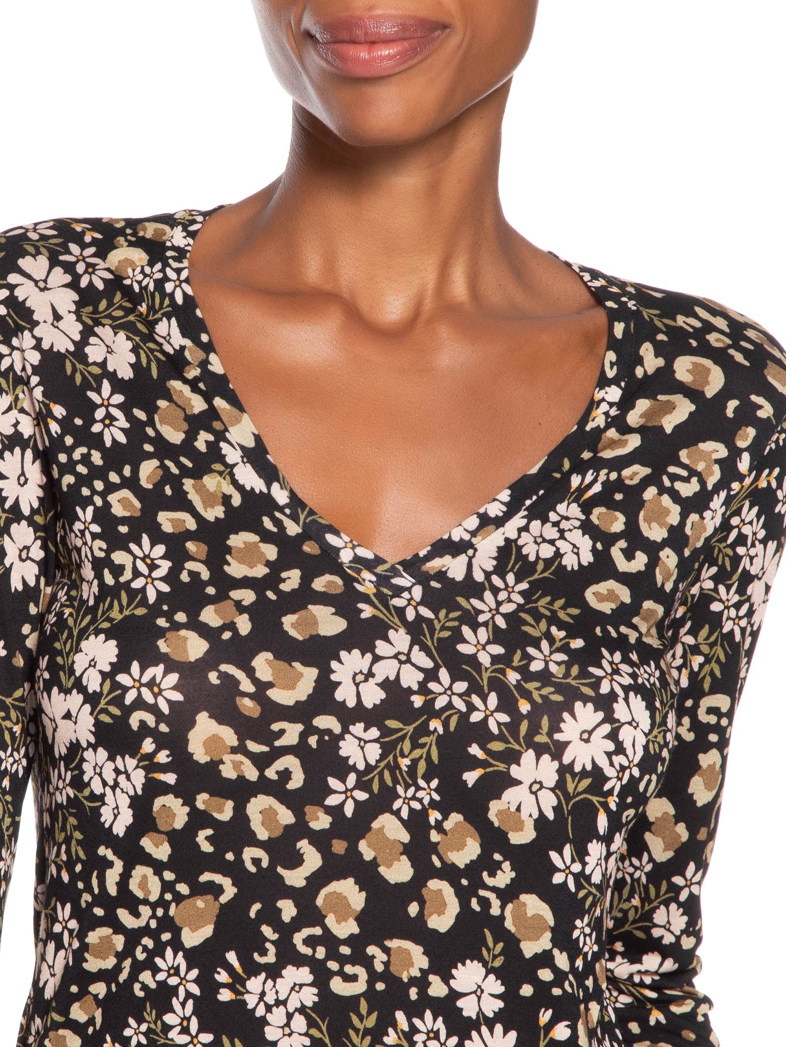 Camiseta Feminina Decote V Manga Longa Liberty Preto Animale