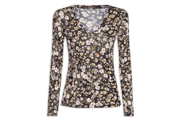 Camiseta Feminina Decote V Manga Longa Liberty - Preto