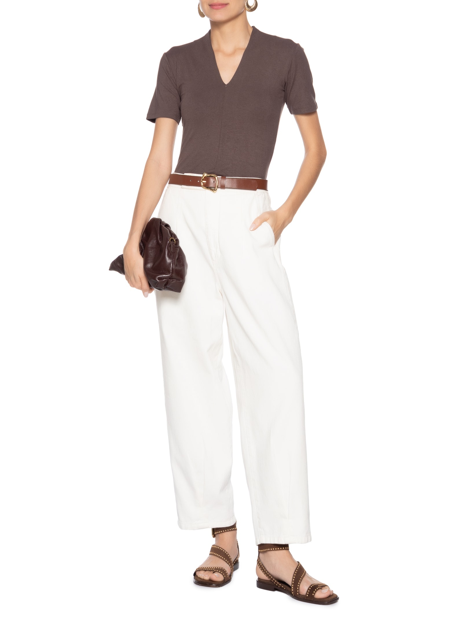 Camiseta Feminina Decote V Marrom Basiq