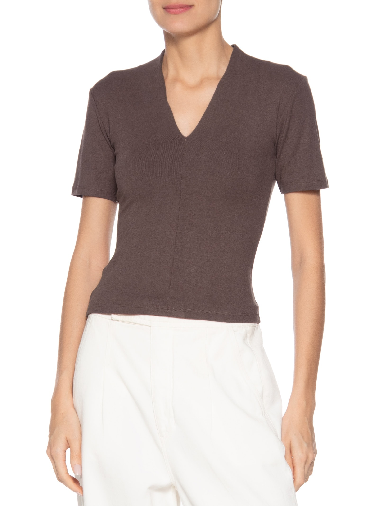 Camiseta Feminina Decote V Marrom Basiq