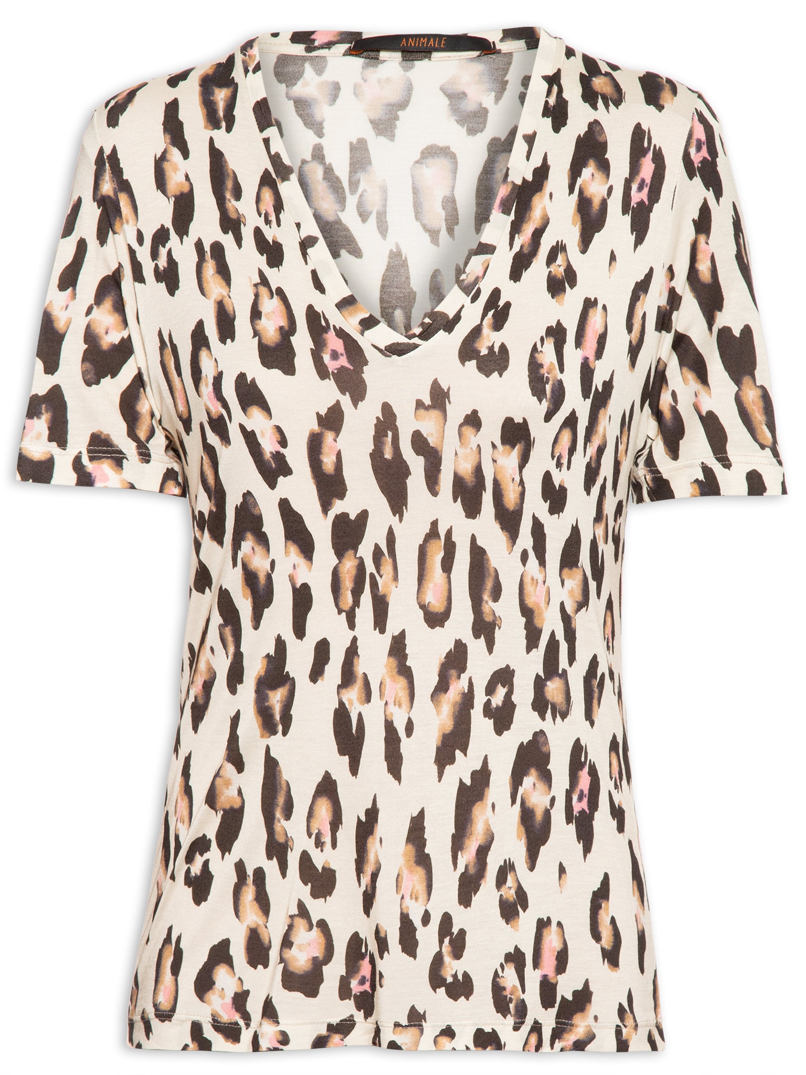 Camiseta Feminina Decote V MG Curta Onça Rumi Color Animal Print Animale