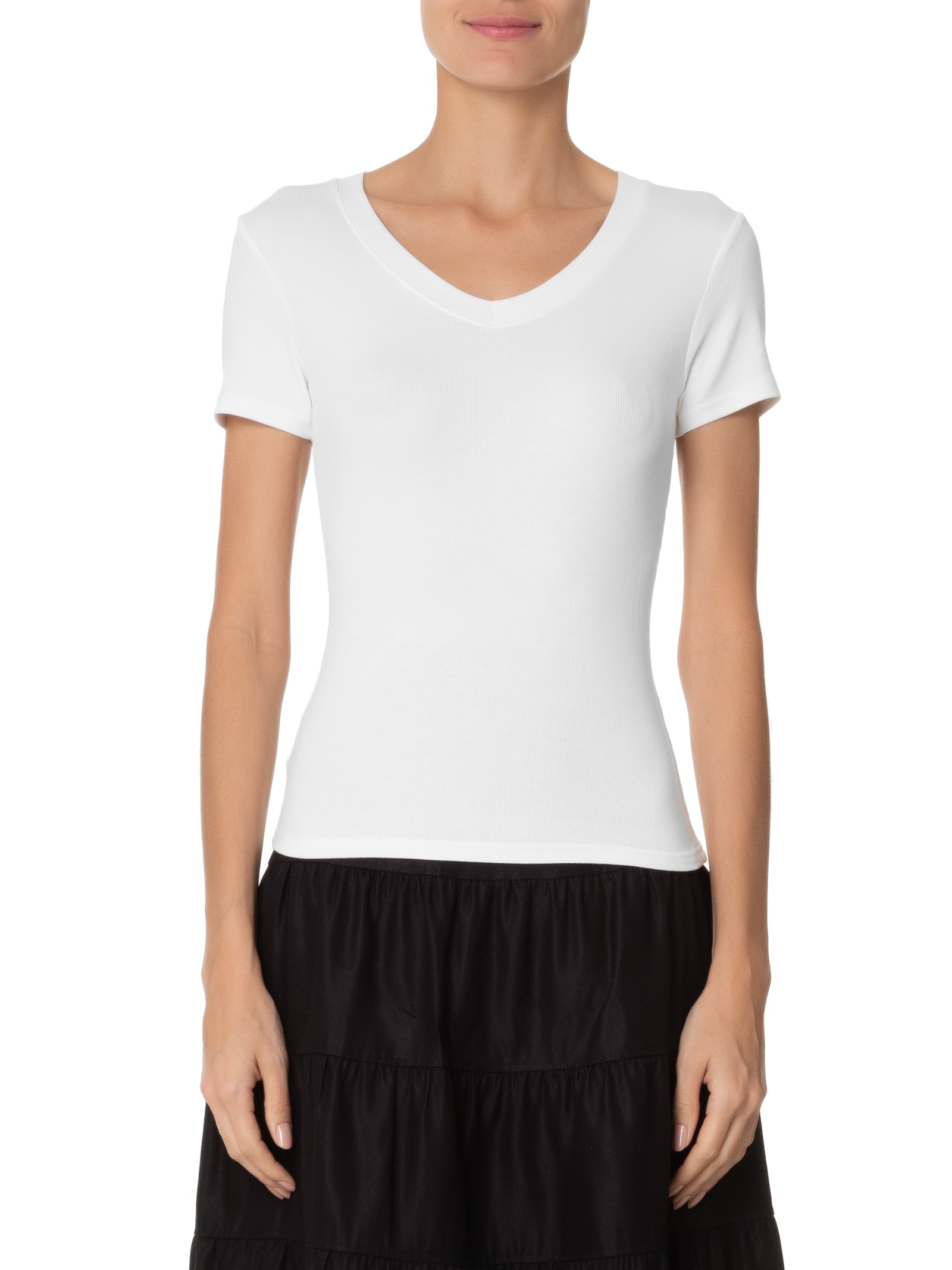Camiseta Feminina Decote V Off White Basiq