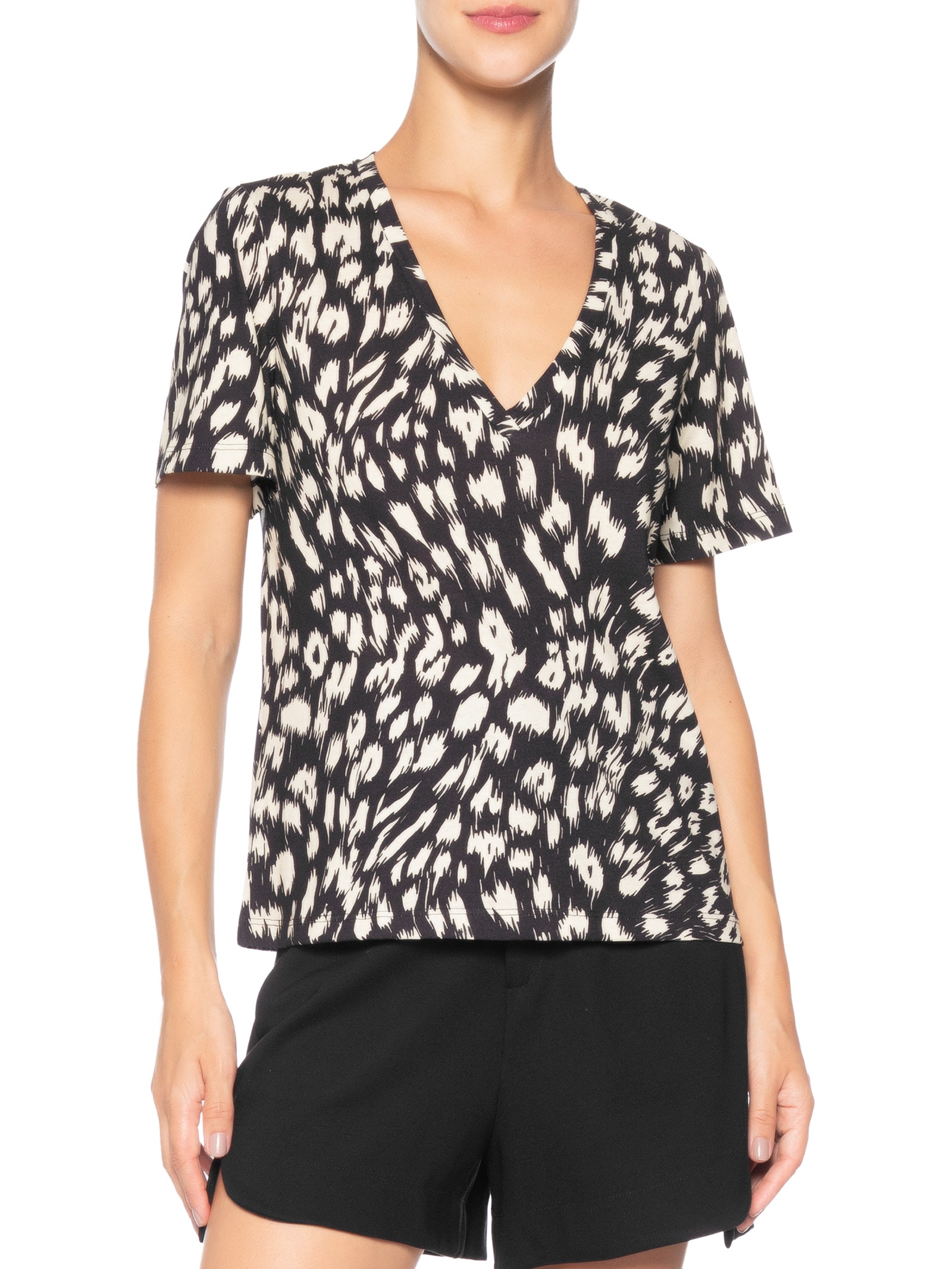 Camiseta Feminina Decote V Onça Abby Preto Animale