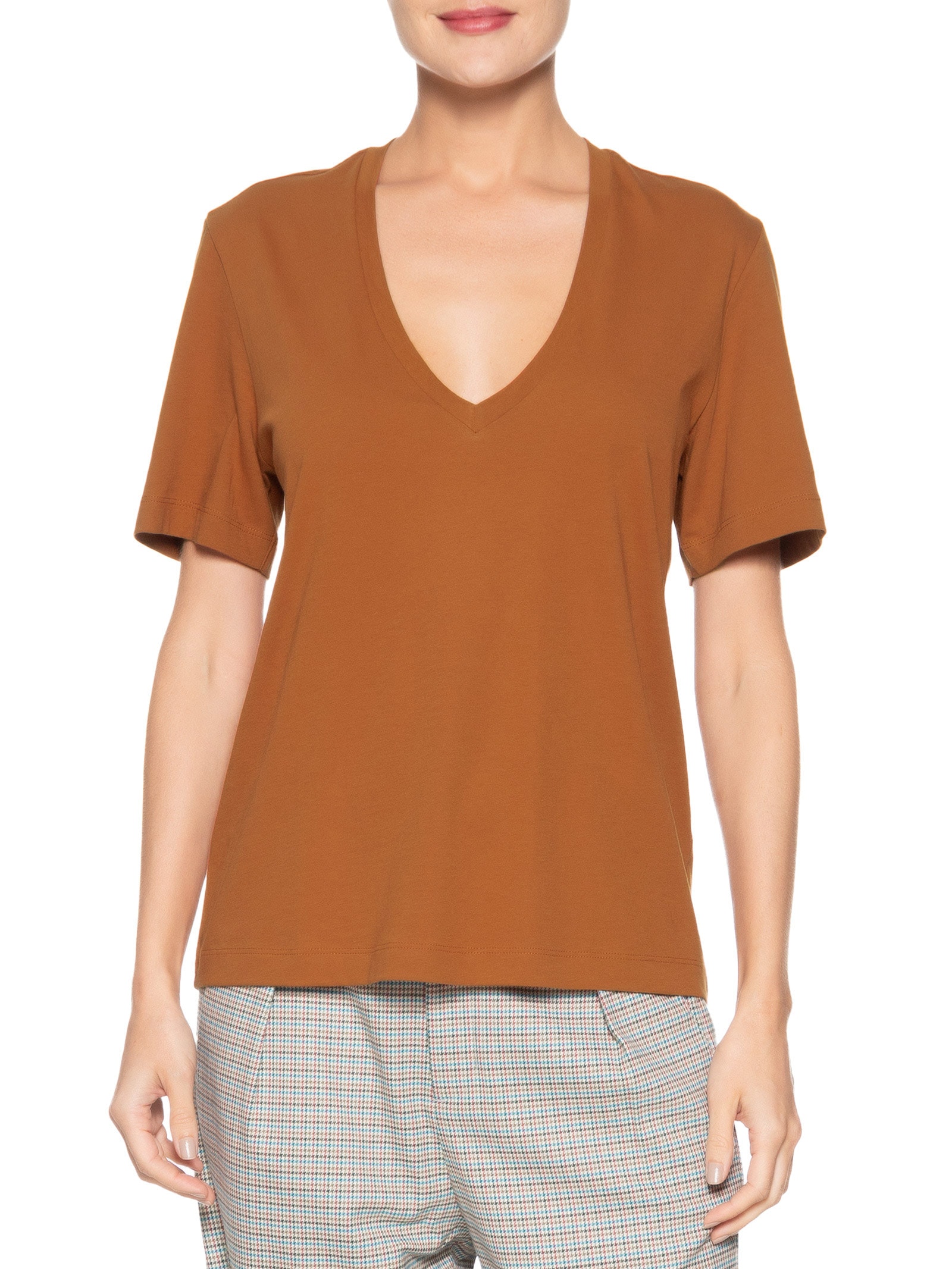 Camiseta Feminina Decote V Pima Color Marrom Animale