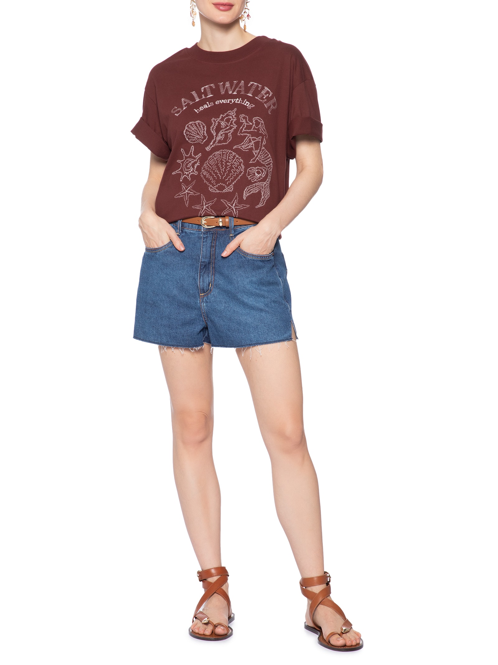 Camiseta Feminina Double Bordado Salt Water Marrom Dress To