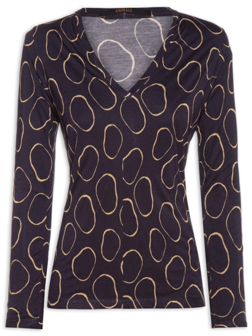Camiseta Feminina Fininha Decote V Manga Longa Estampa Pois Aro – Preto