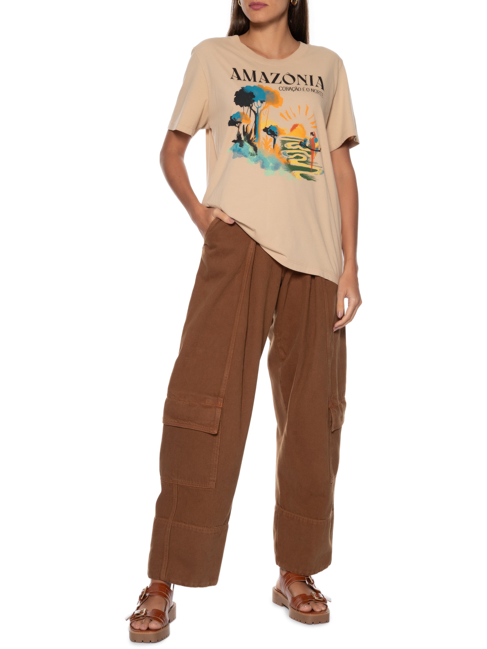 Camiseta Feminina Fit Amazônia Coração é o Norte Bege Farm