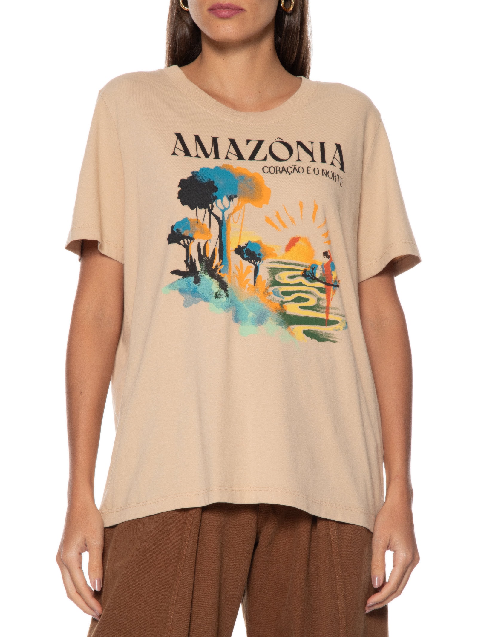 Camiseta Feminina Fit Amazônia Coração é o Norte Bege Farm