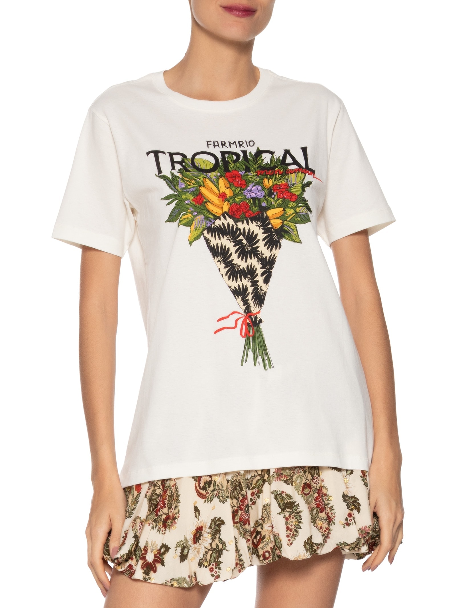 Camiseta Feminina Fit Bouquet Tropical Branco Farm