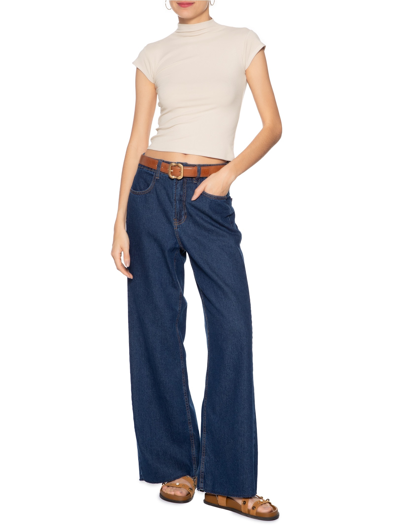 Camiseta Feminina Gola Alta Bege  Basiq