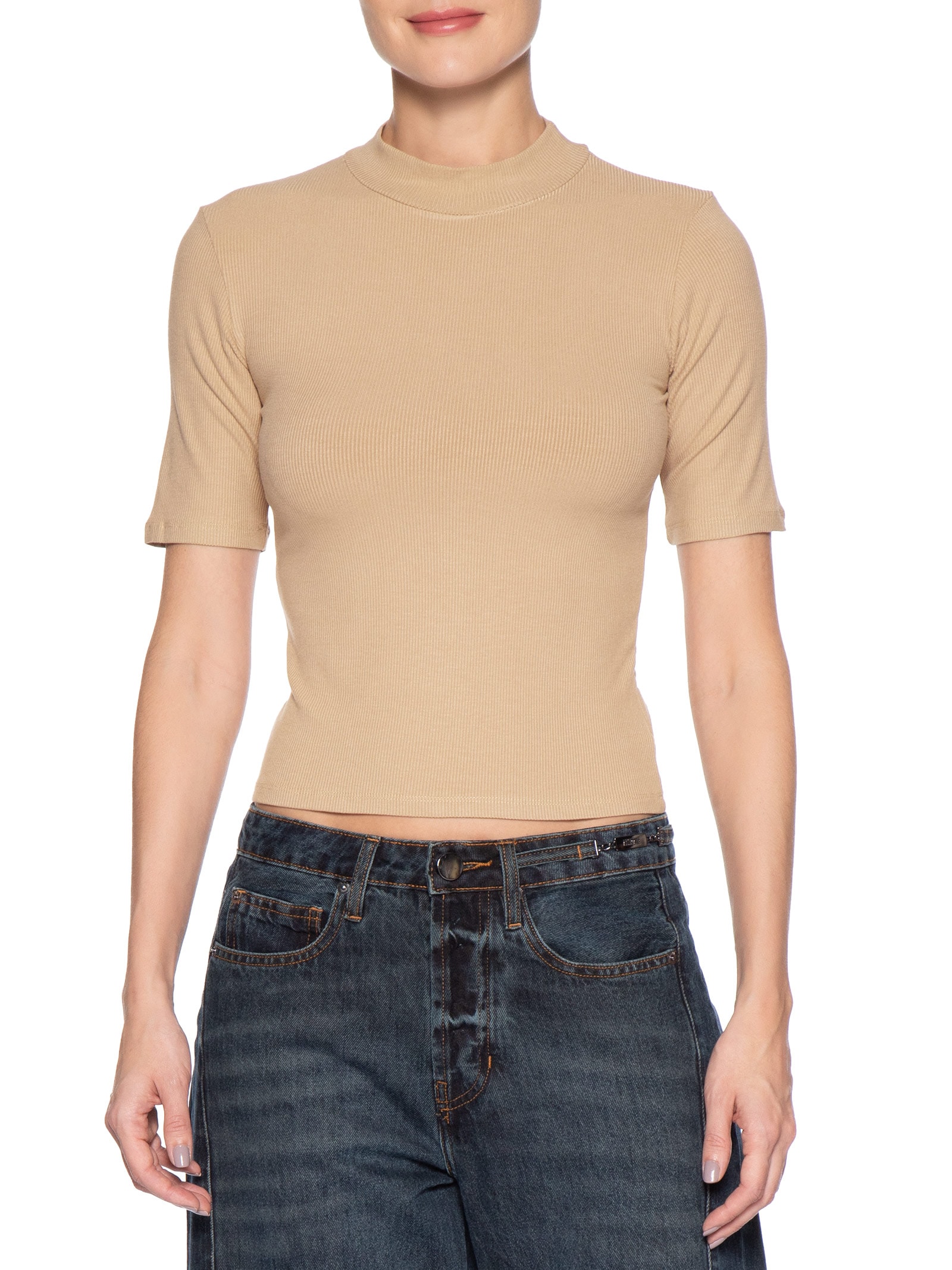 Camiseta Feminina Gola Média Manga Curta Bege Basiq