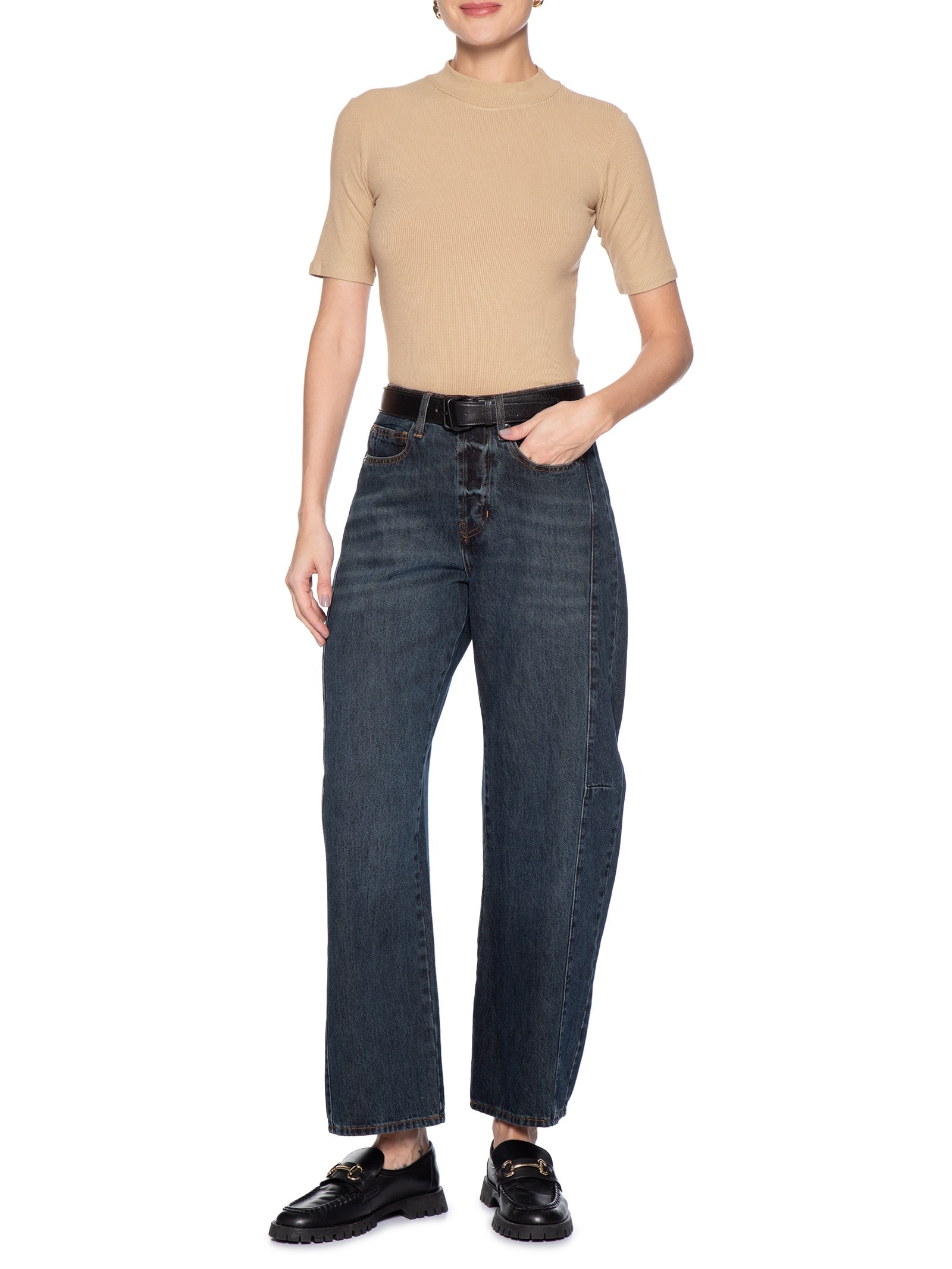 Camiseta Feminina Gola Média Manga Curta Bege Basiq