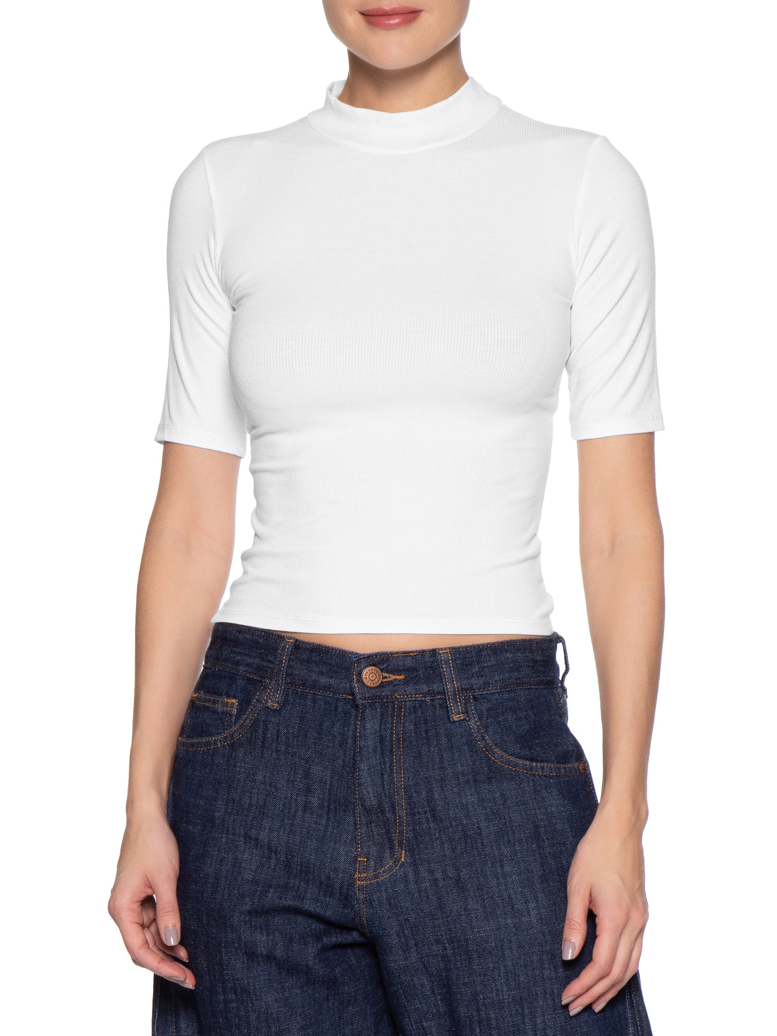 Camiseta Feminina Gola Média Manga Curta Branco Basiq