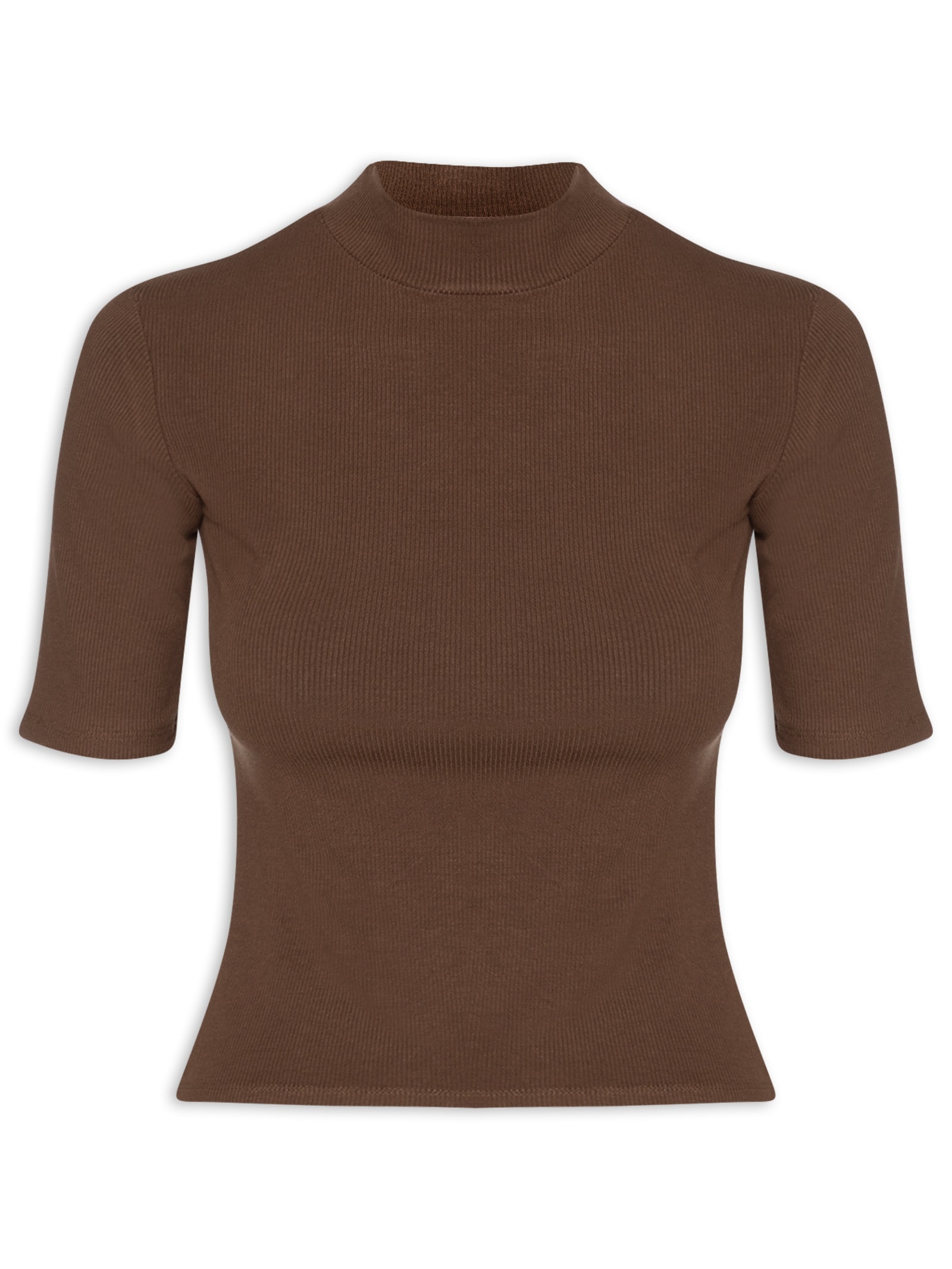 Camiseta Feminina Gola Média Manga Curta Marrom Basiq