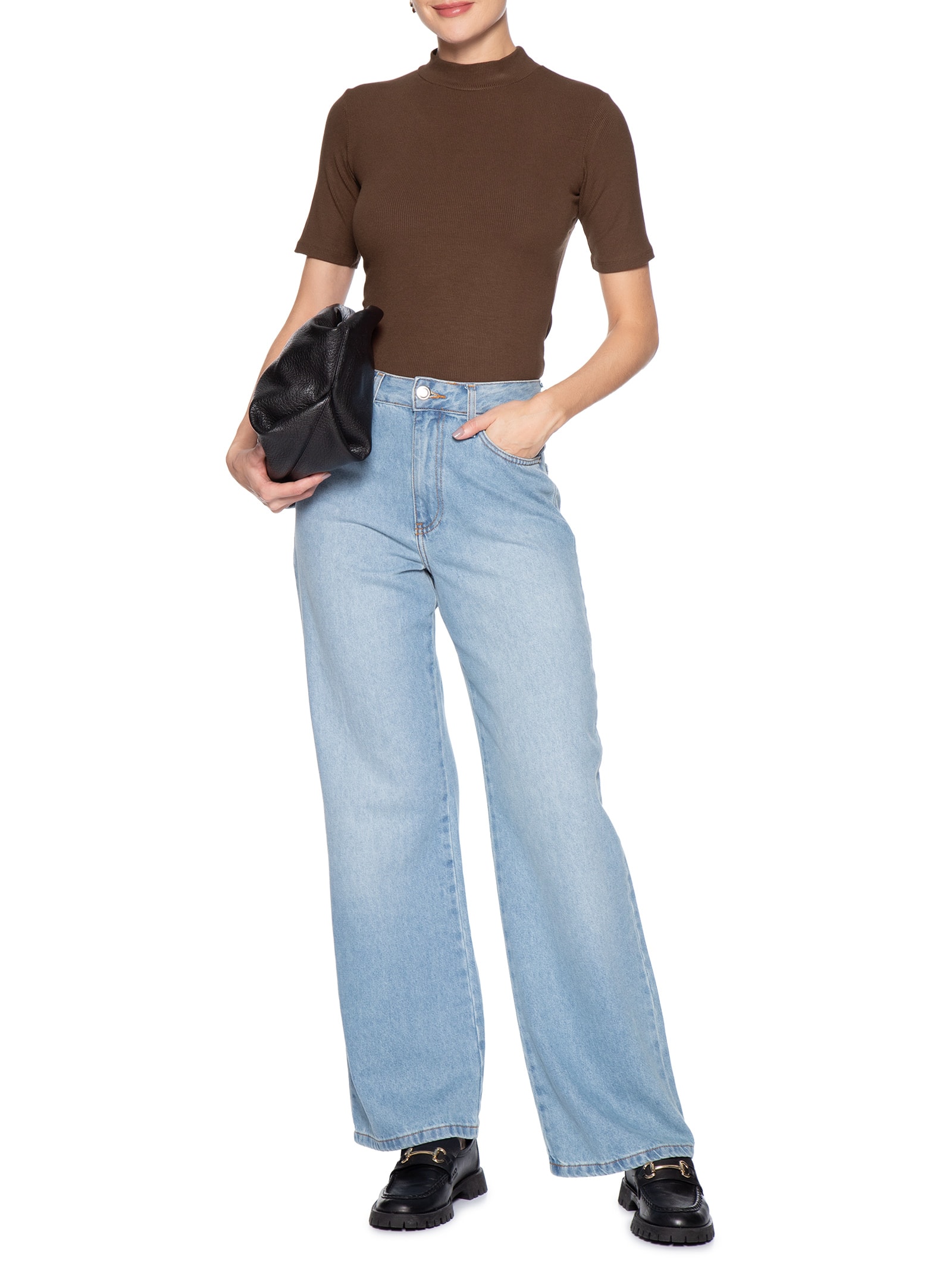 Camiseta Feminina Gola Média Manga Curta Marrom Basiq