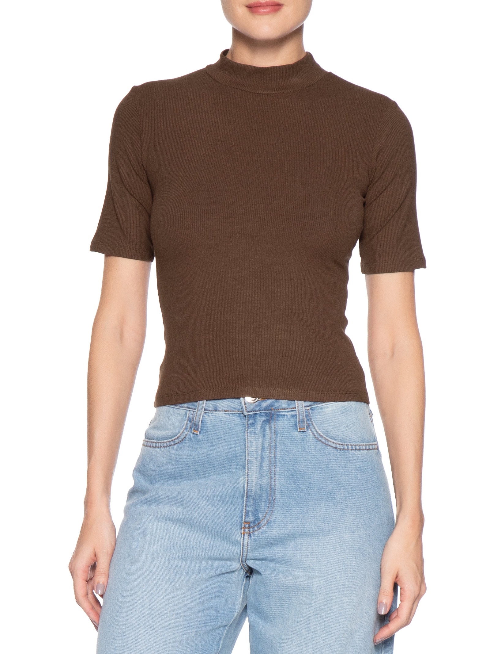 Camiseta Feminina Gola Média Manga Curta Marrom Basiq