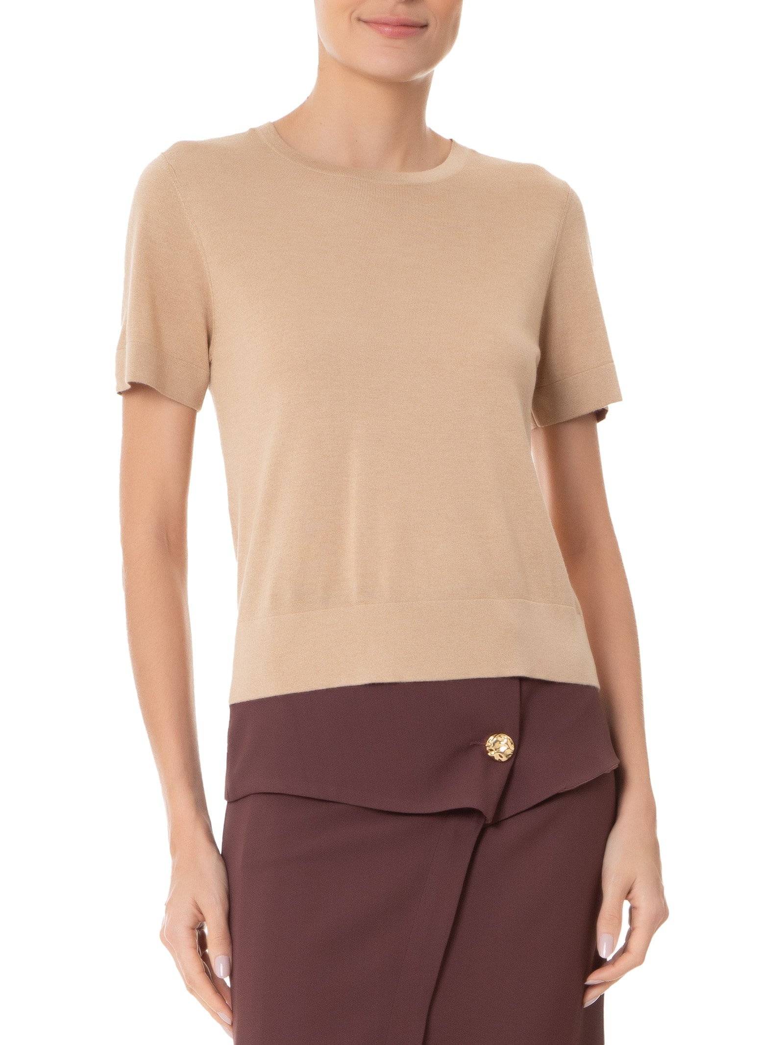 Camiseta Feminina Gola Redonda Seda com Cashmere Bege '2Essential