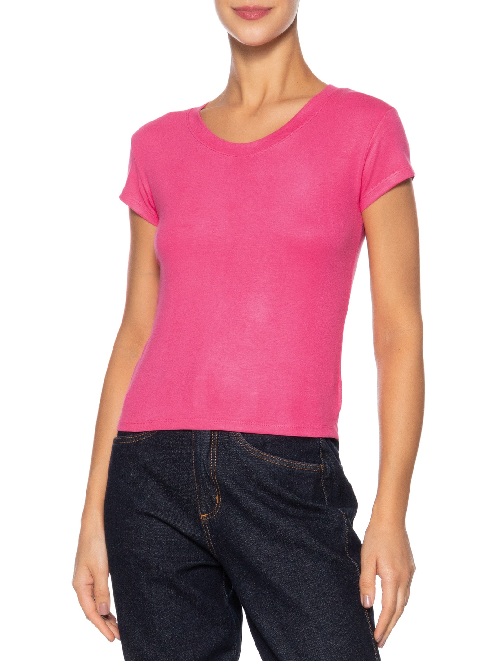 Camiseta Feminina Justa Ao Corpo Manga Curta Rosa Basiq