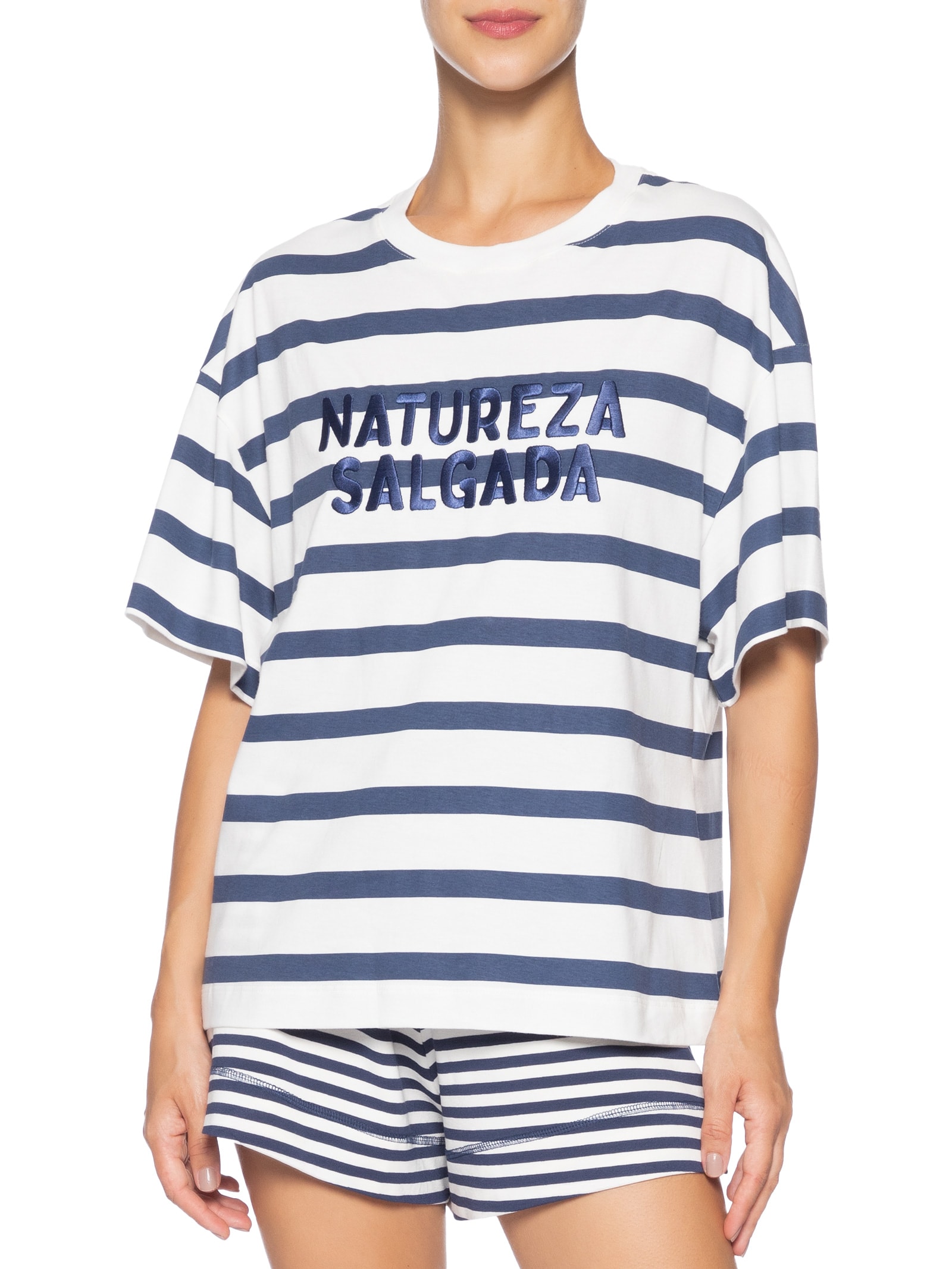 Camiseta Feminina Listra Bordado Natureza Salgada Branco Dress To