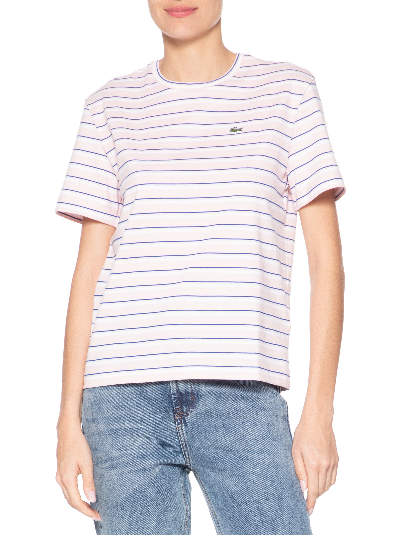 Camiseta Feminina Listrada Algodão Pima Rosa Lacoste