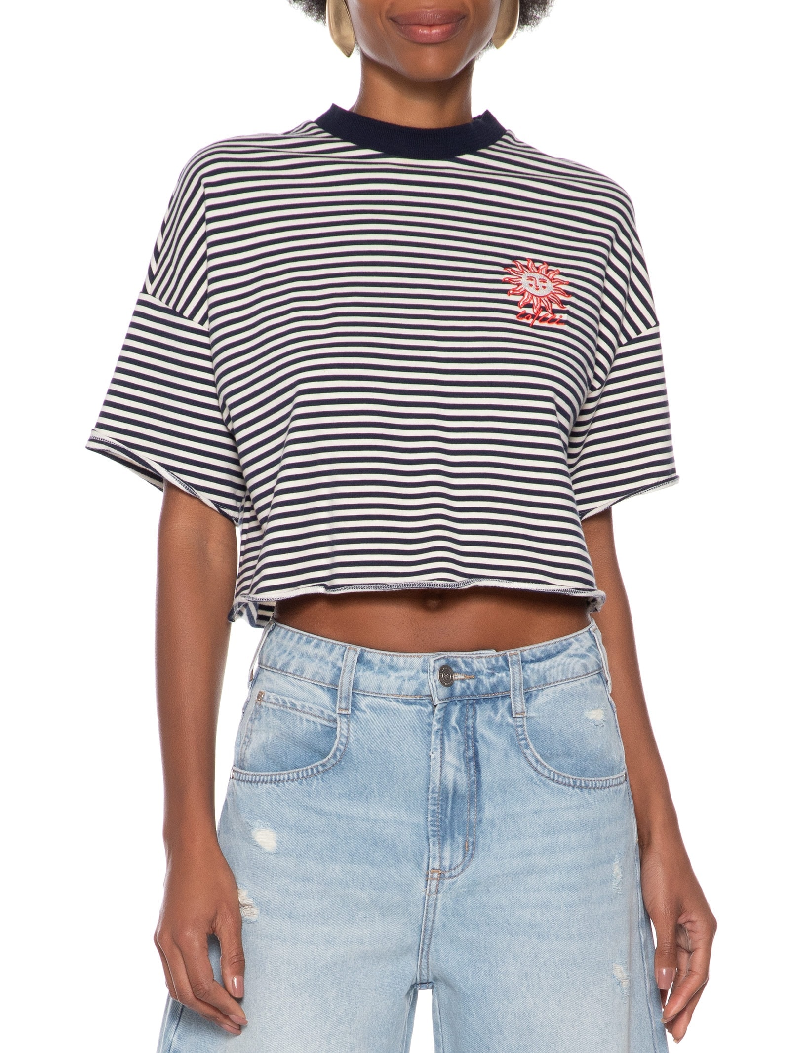 Camiseta Feminina Listrada Azul Colcci