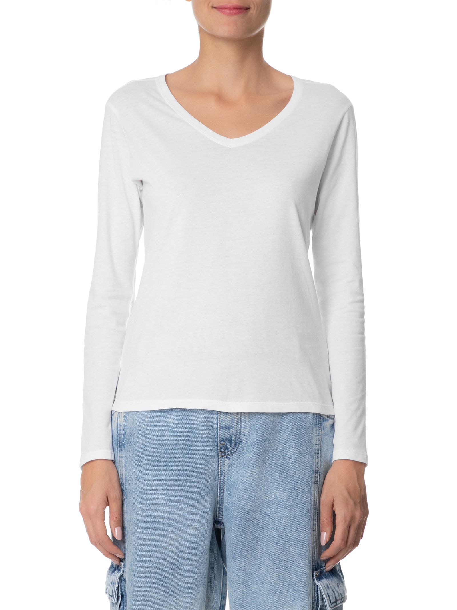 Camiseta Feminina Malha Com Decote V Branco Basiq