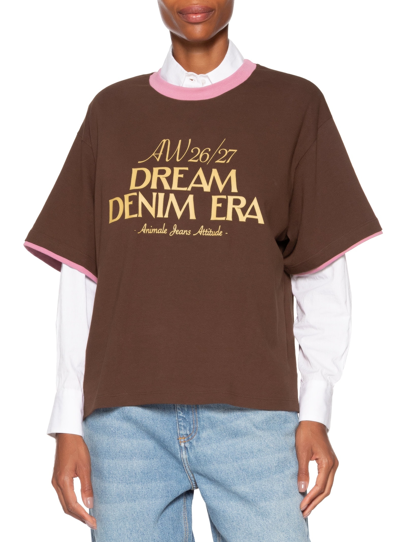 Camiseta Feminina Malha Contrastante Wild Heart Marrom Animale Jeans