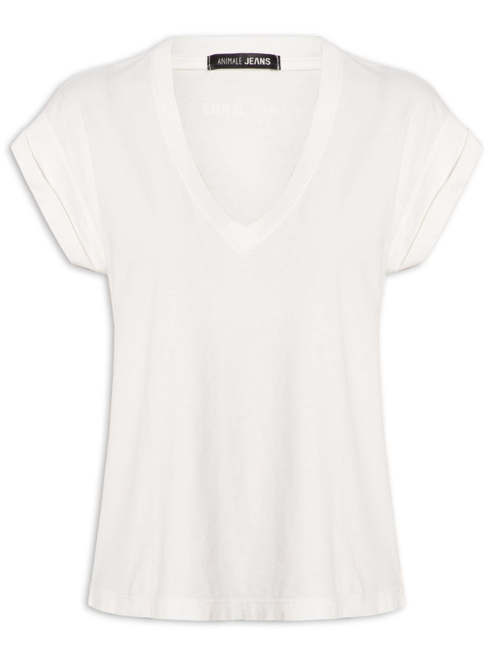 Camiseta Feminina Malha Decote V Manga Dobrada Branco Animale Jeans